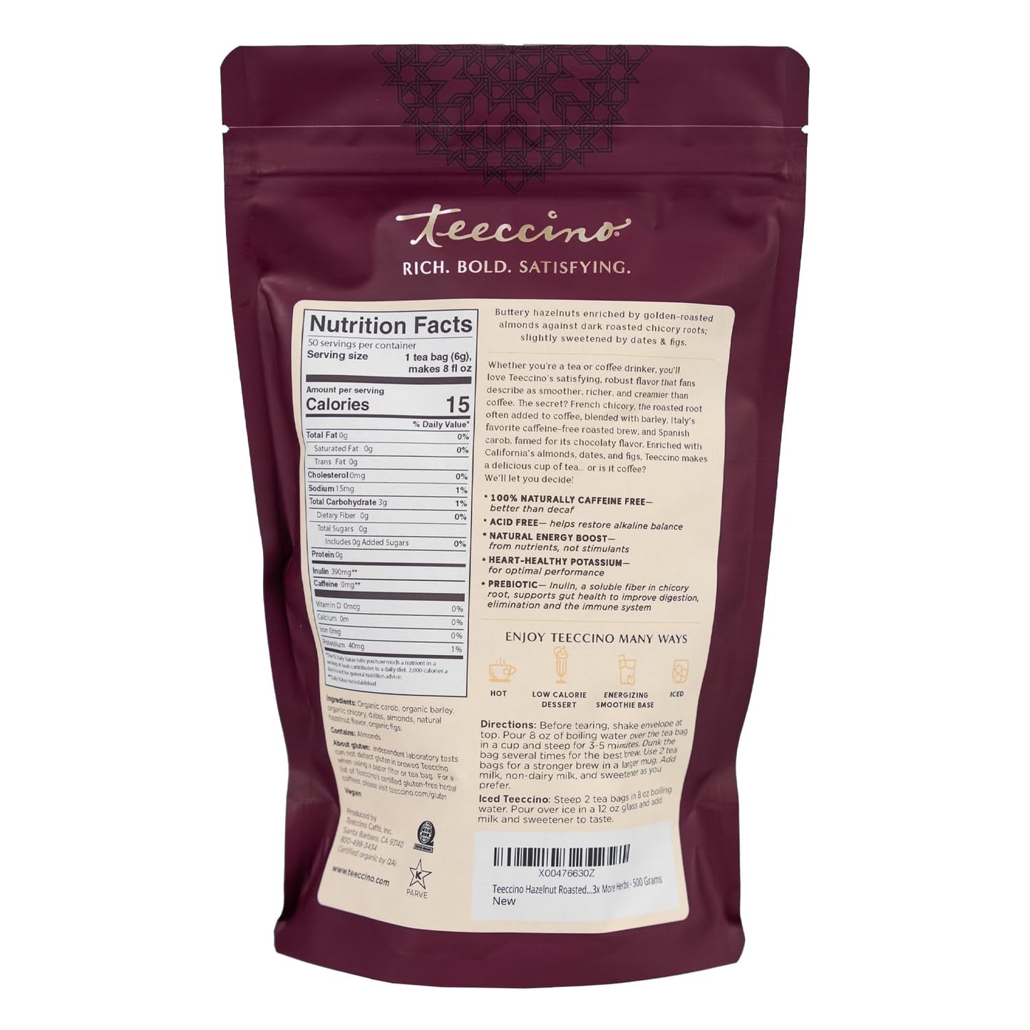 Teeccino Hazelnut Herbal Tea - Caffeine Free, Prebiotic, 50 Tagless Eco-Friendly Tea Bags