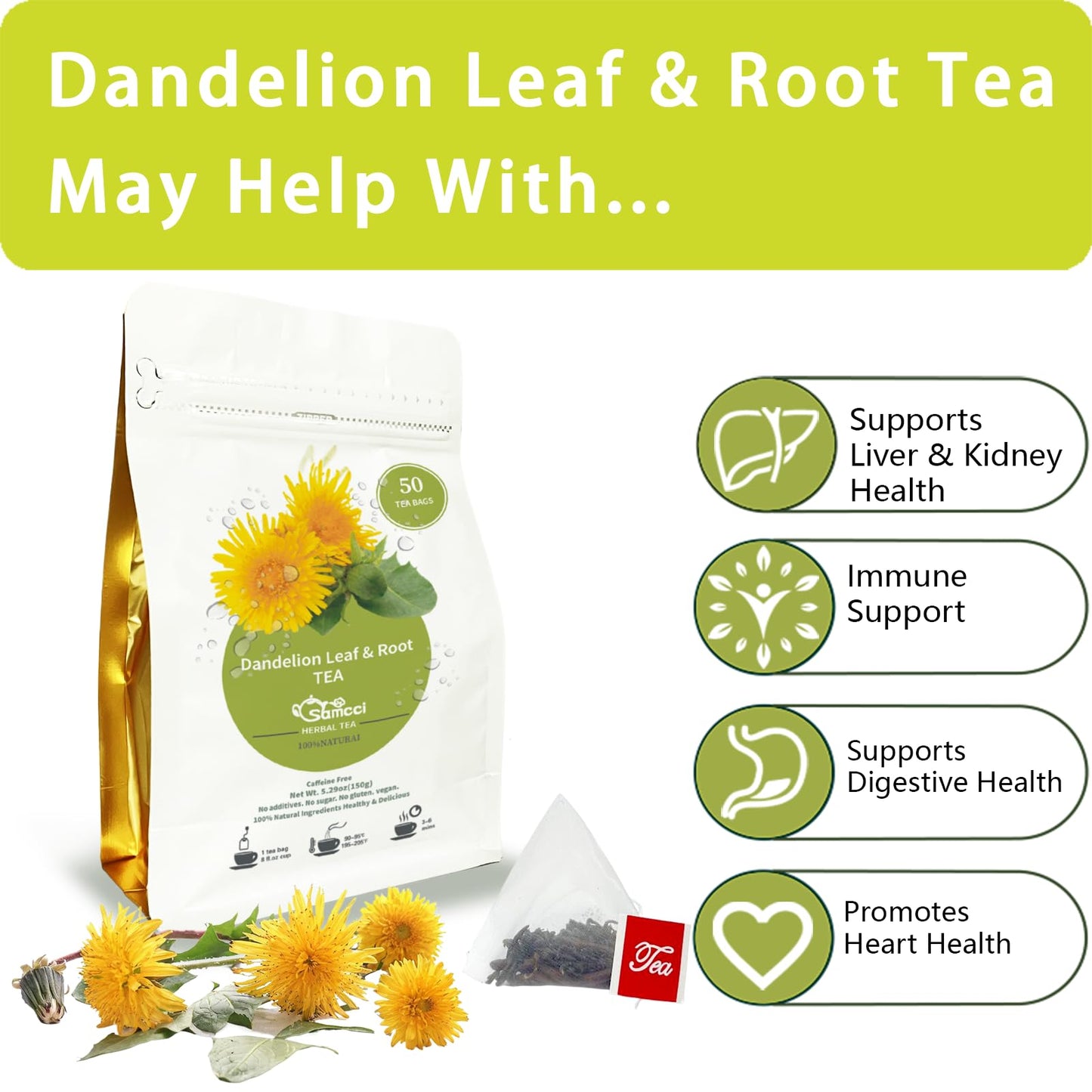 SAMCCI Dandelion Leaf & Root Tea Bags, 50 Count, Caffeine Free Herbal Tea for Digestive Support and Immune Health