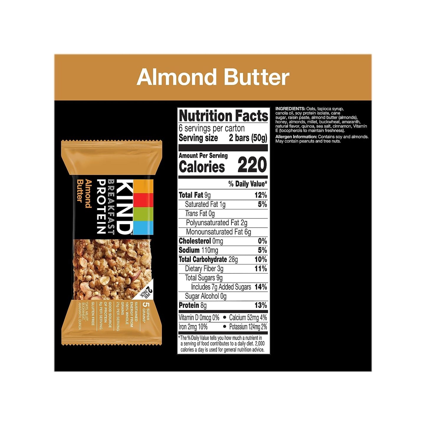 KIND Breakfast Snack Bar, Almond Butter, Gluten Free, 8g Protein, 6 Count