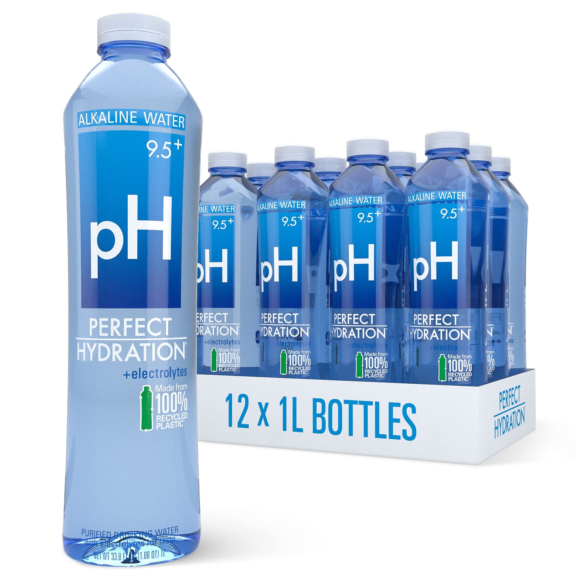 Perfect Hydration 9.5+ pH Alkaline Drinking Water | 100% Recycled Bottles | Electrolyte Minerals for Taste | 12 pack - 1 Liter (