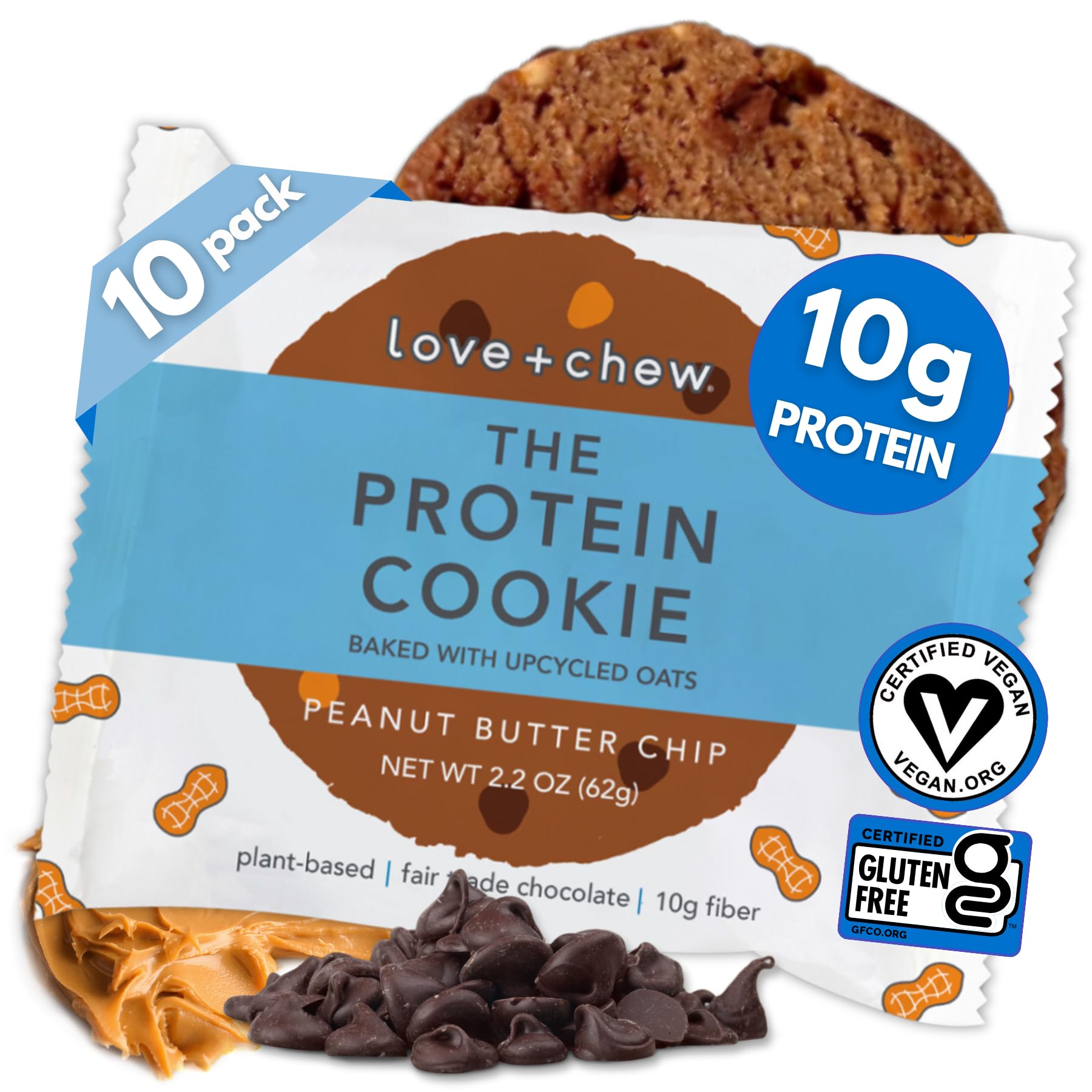 Love + Chew Soft Baked Protein Cookies, Peanut Butter Chip Flavor, Plant Based Cookie Made With Oat Flour & Dark Chocolate for K