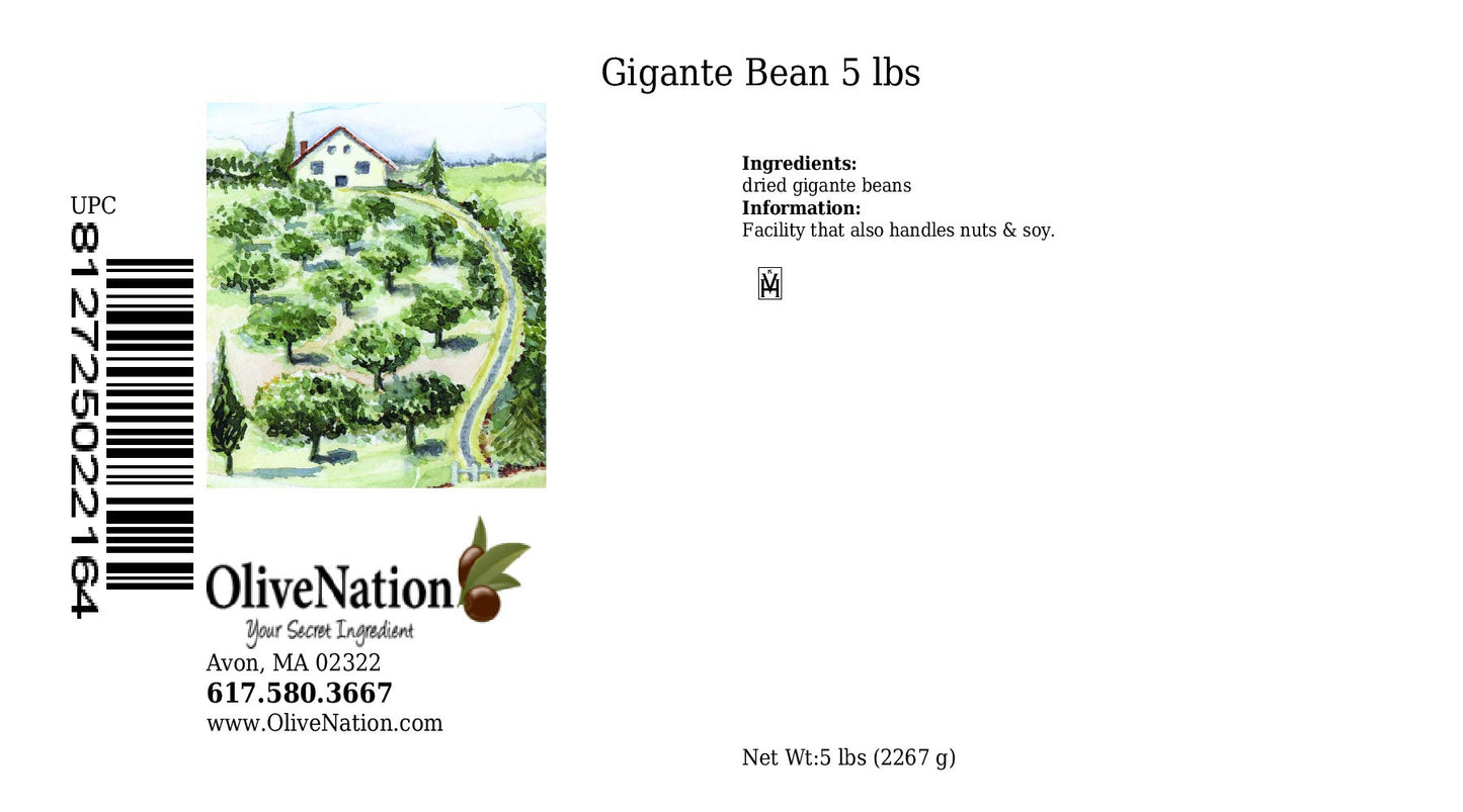 Olivenation Gigante Beans, Dried Greek Giant Bean, Nutritious High Fiber Legume, Non-Gmo, Gluten Free, Kosher, Vegan - 5 Pounds