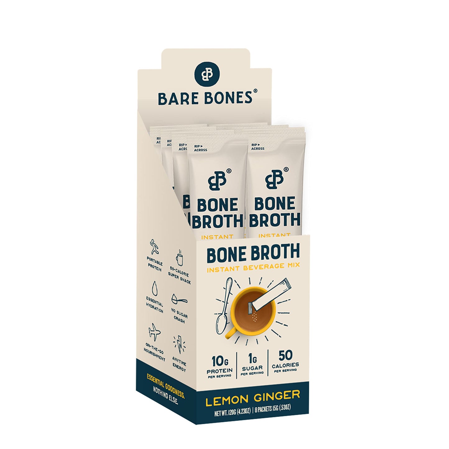 Bare Bones Bone Broth Instant Powdered Mix, Lemon Ginger, Pack of 8, 15g Sticks, Keto & Paleo Friendly