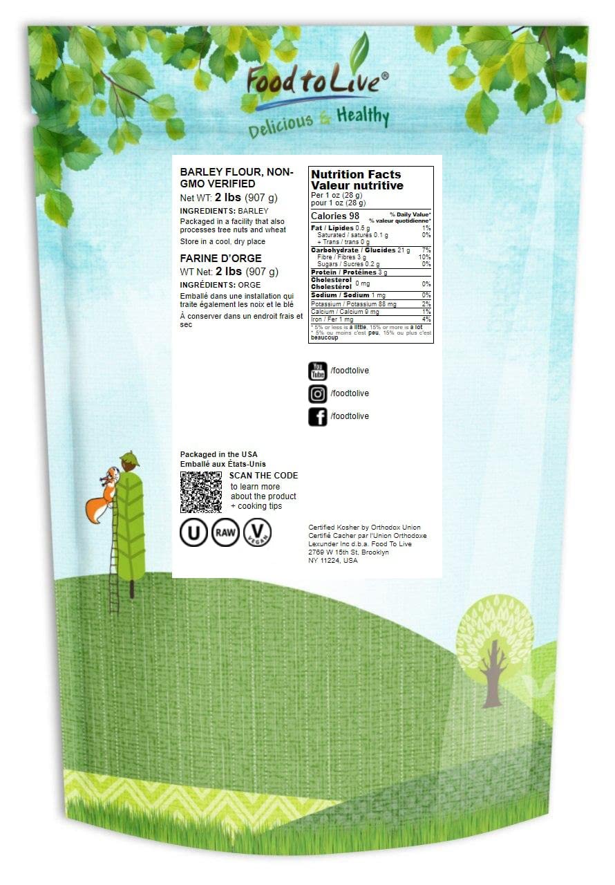 Food to Live Barley Flour, 2 Pounds - Fine Powder, Kosher, Vegan, Bulk. Rich in Fiber. Wheat Flour Alternative. Great for Baking