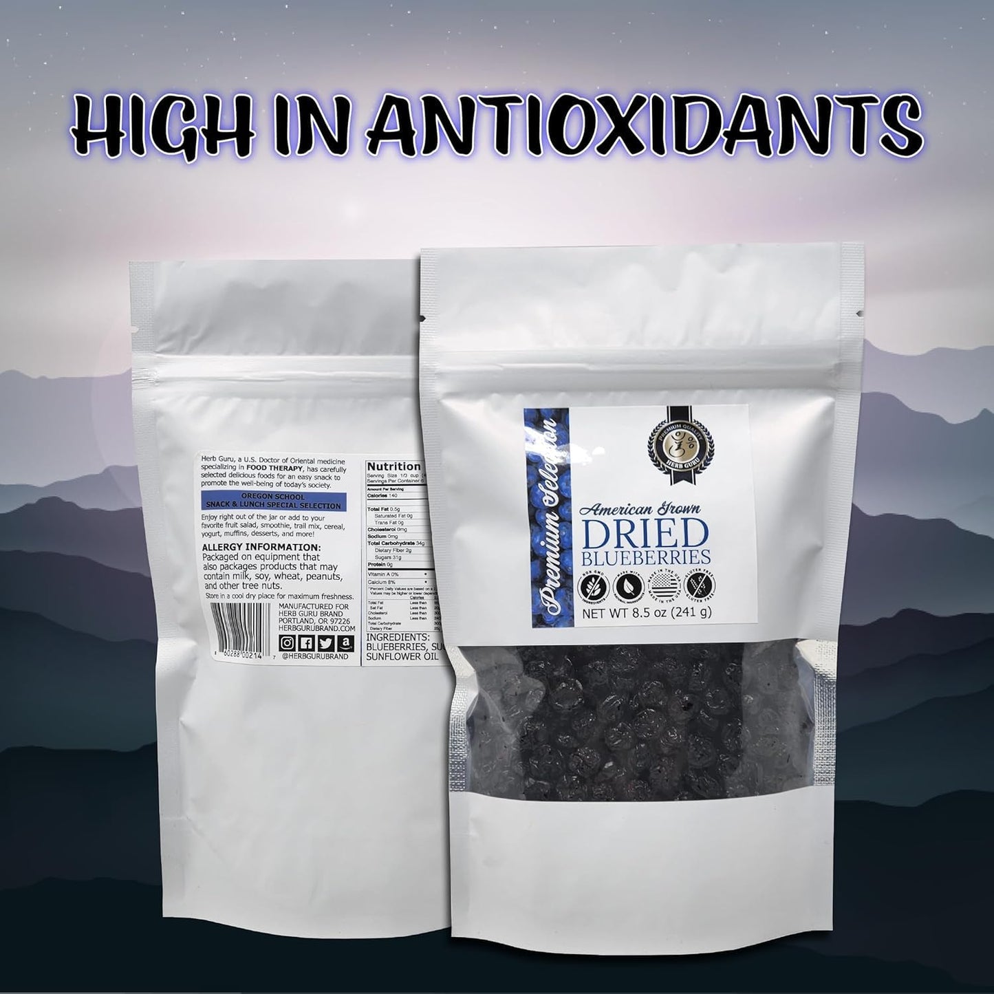 Herb Guru Whole Dried Blueberries | American Grown | All Natural, Non-Gmo, Preservative Free - 8.5 Ounce (Pack Of 2)