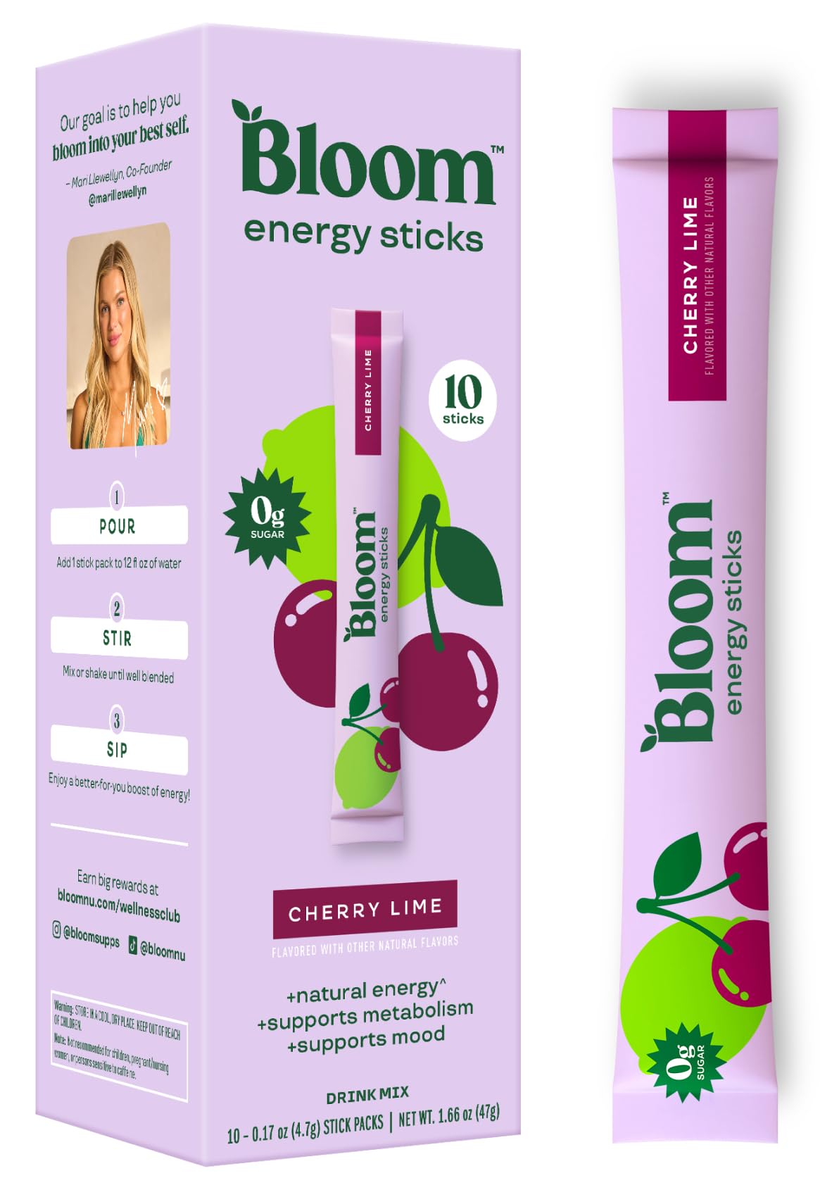 Bloom Nutrition Energy Drink Powder Packets  Sugar Free Energy Drink Mix with L-Theanine  B Vitamins & Natural Caffeine  On the Go Powder Sticks for Natural Energy  10 Calories (10 Pouches (Pack of 1)  Cherry Lime)