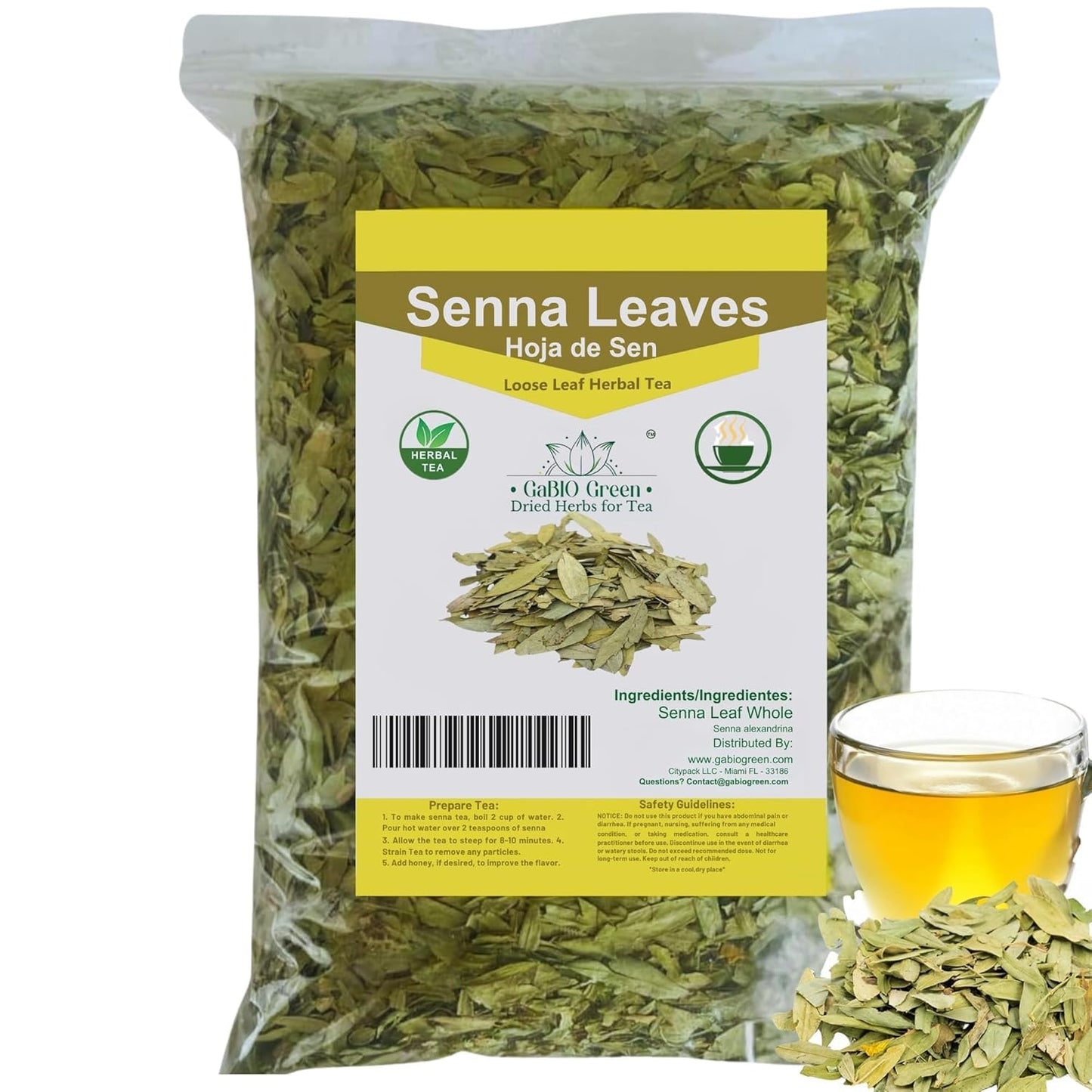Gabio Green Natural Senna Leaves, Dried Herbal Leaves, Non-GMO, Gluten-Free, 8oz Resealable Bag