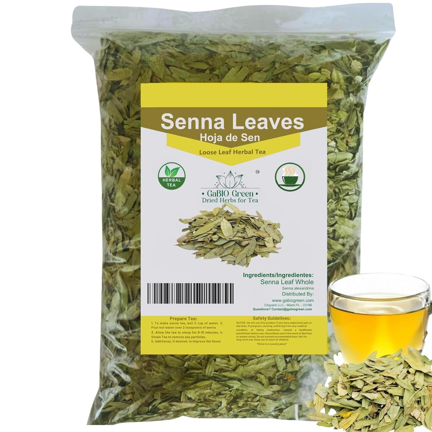 Gabio Green Natural Senna Leaves, Dried Herbal Leaves, Non-GMO, Gluten-Free, 8oz Resealable Bag