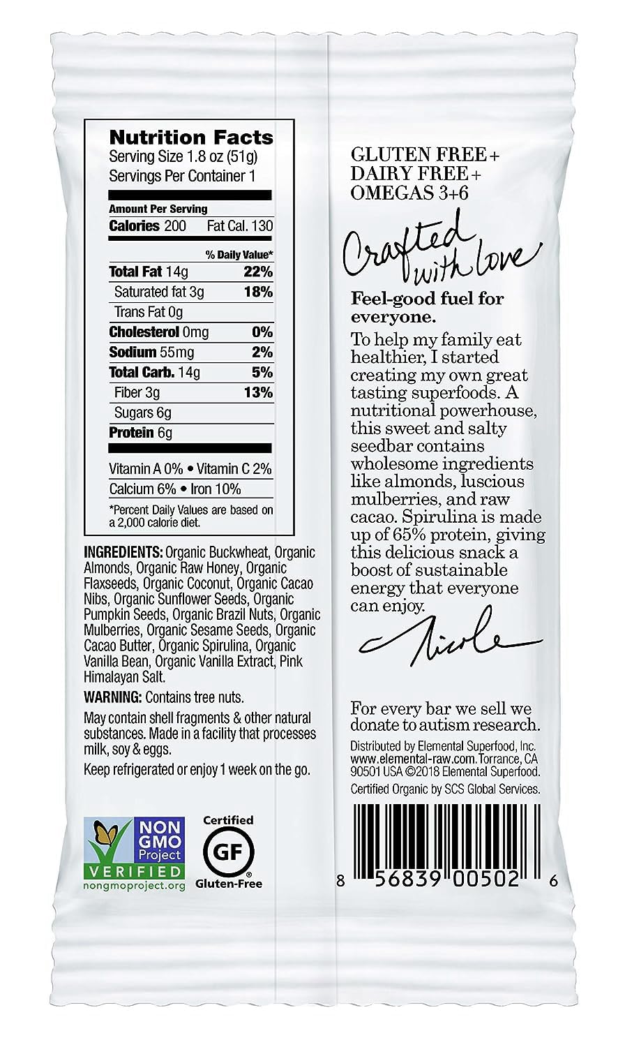 Elemental Superfood Seedbars, Organic Mulberry Cacao + Spirulina, 1.8 oz, Non-GMO, Gluten Free, Dairy Free, 12 Pack