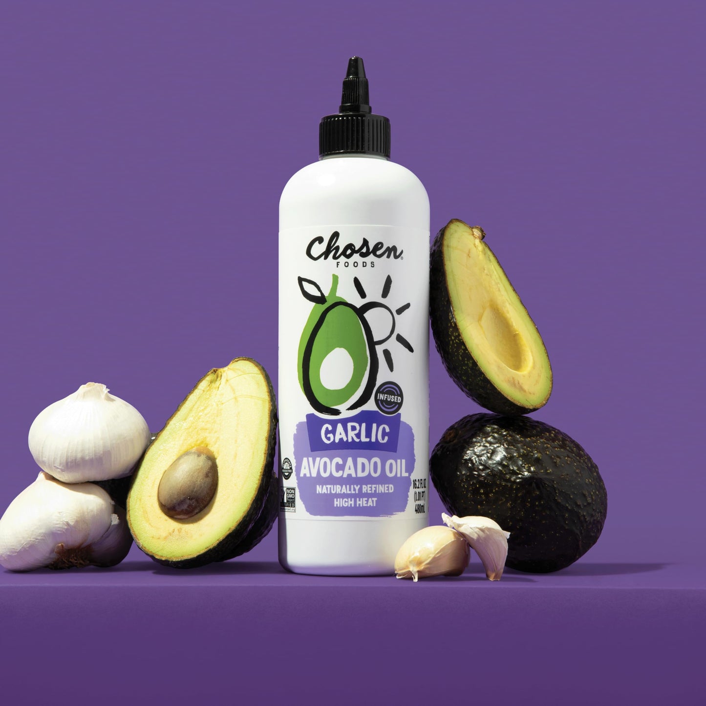 Chosen Foods Garlic Avocado Oil Squeeze Bottle - 16.2 Fl Oz - For Drizzling, Saut  Ing, Roasting & Searing - High Smoke Point Co
