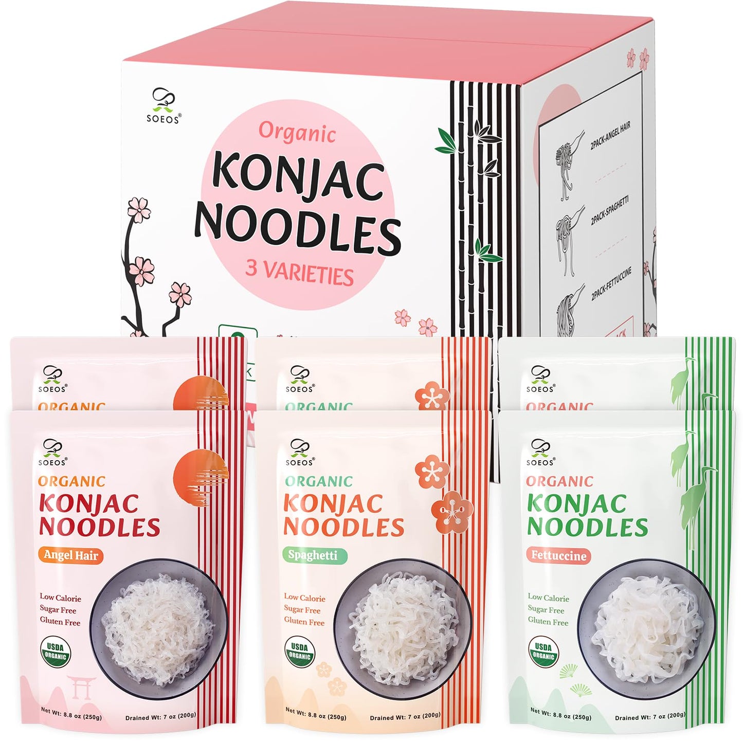 Soeos Konjac Noodles, Organic Shirataki Noodle, Low Calorie, Keto And Paleo Friendly, 3 Variety Noodles, 52.8 Ounce (Pack Of 6)