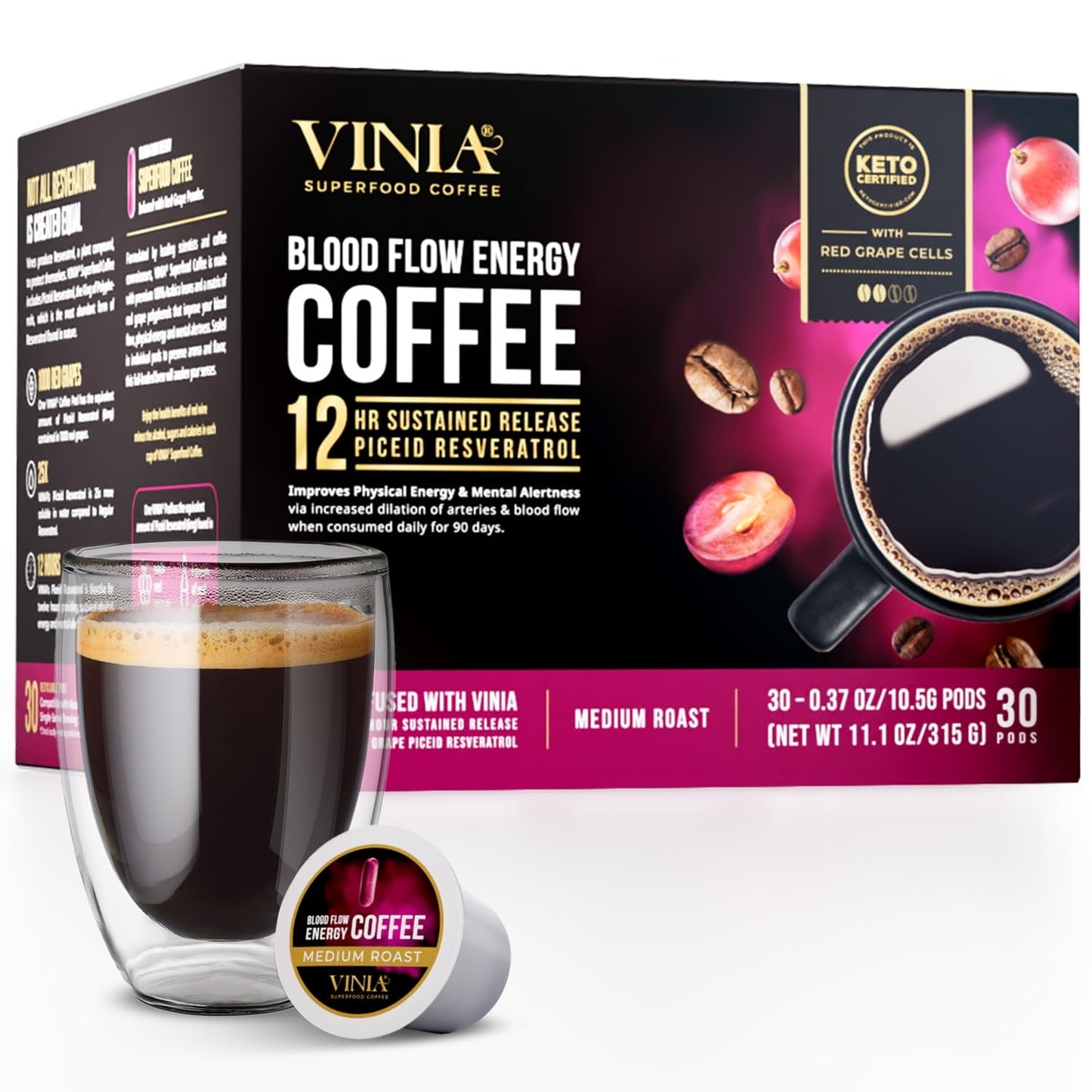 VINIA Coffee Pods - Medium Roast with Red Grape Resveratrol, Compatible with K Cups, 30 Count