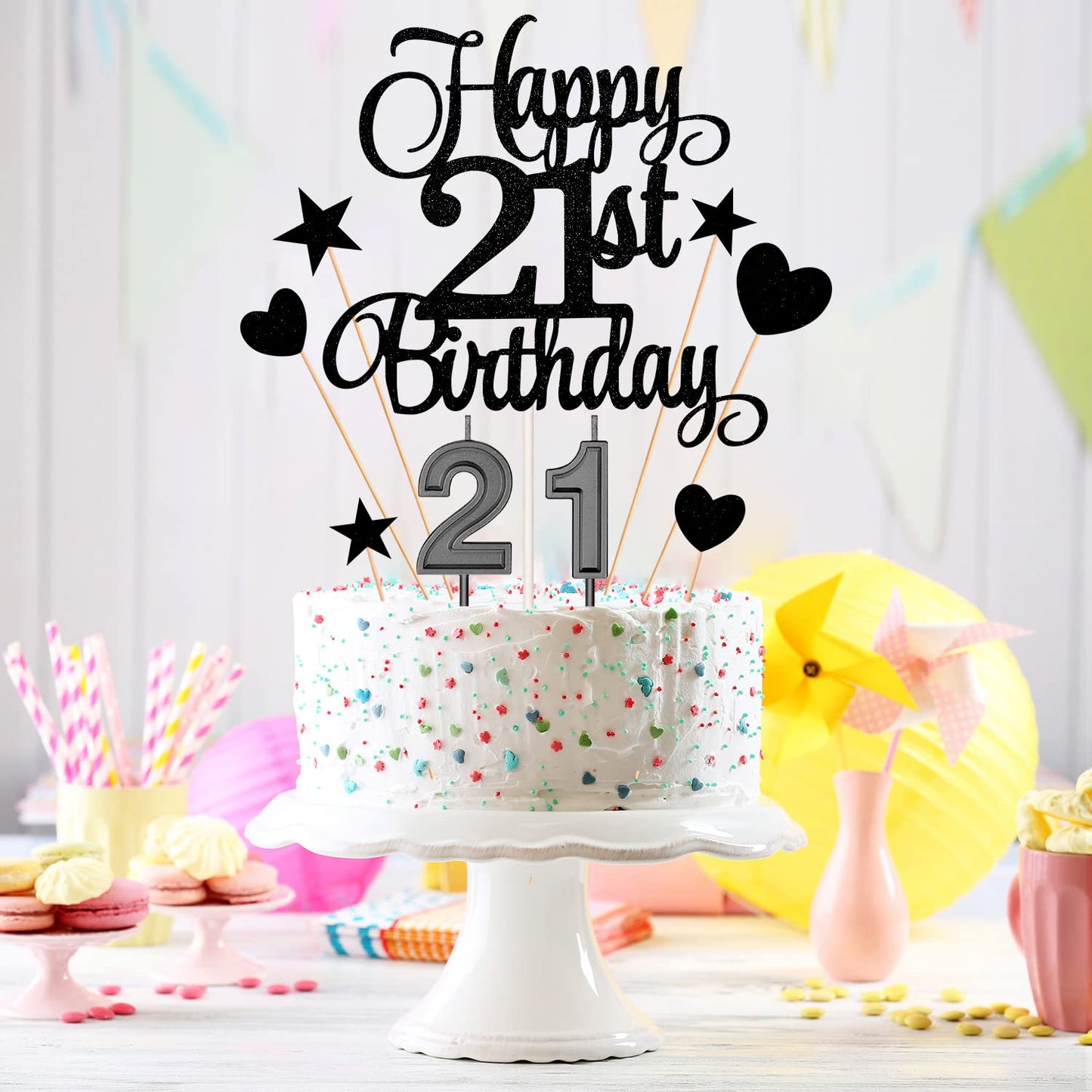 HOGRTi 21st Birthday Cake Decorations Set, Black Series, Includes 21 Cake Candles and Happy Birthday Toppers
