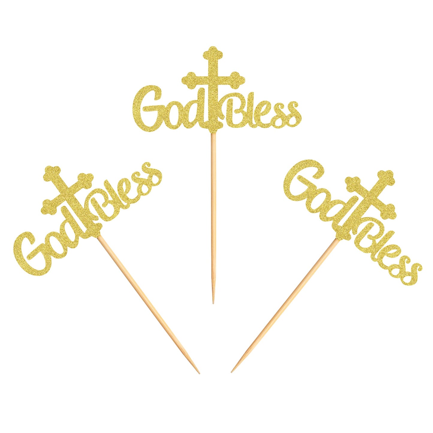 Ercadio Cupcake Toppers Set, 36 Pack Gold Cross Glitter Decorations for Baptism, Small Paper Party Supplies