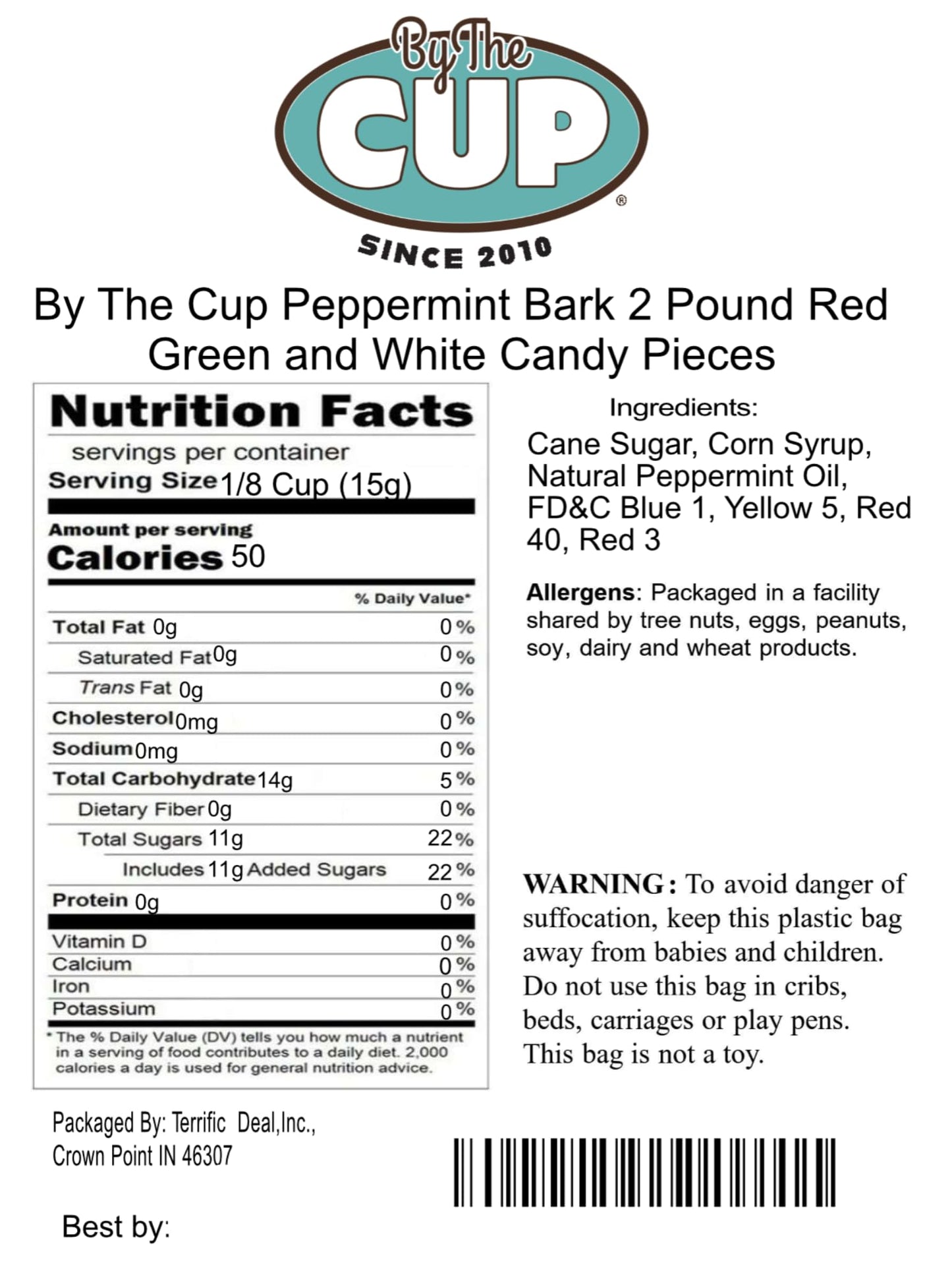 By The Cup Red, Green, And White Peppermint Candy Cane Pieces, 2 Lb Bulk Bag