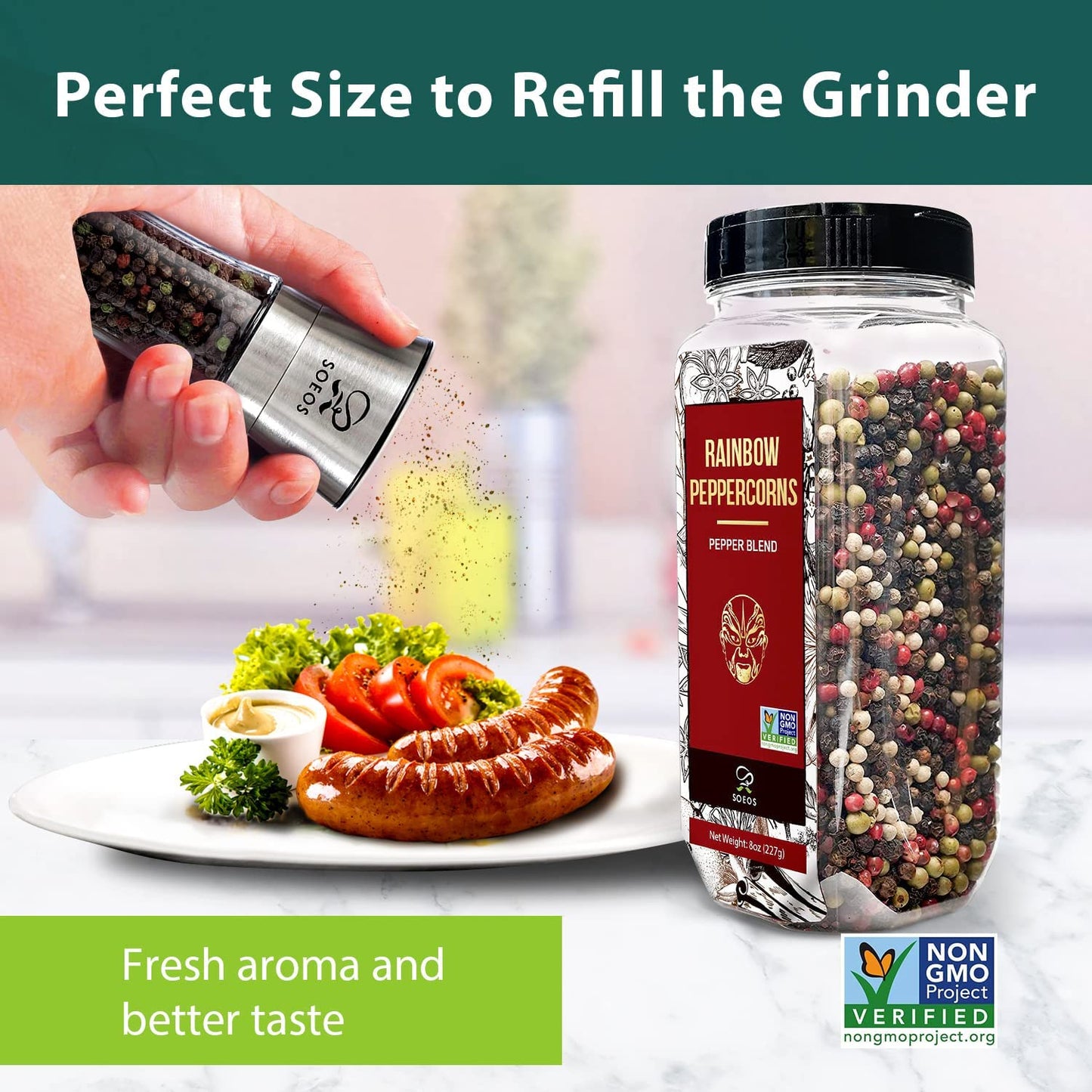 Soeos Rainbow Peppercorns, 16Oz (Pack Of 2), Non-Gmo, Kosher, Packed To Keep Peppers Fresh, Peppercorn For Grinder Refill, Whole Peppercorns