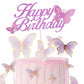 ALISSAR Glitter Purple Happy Birthday Cake Topper Set, Butterfly Cake Topper and 16 Pieces Butterfly Cupcake Toppers for Girls W