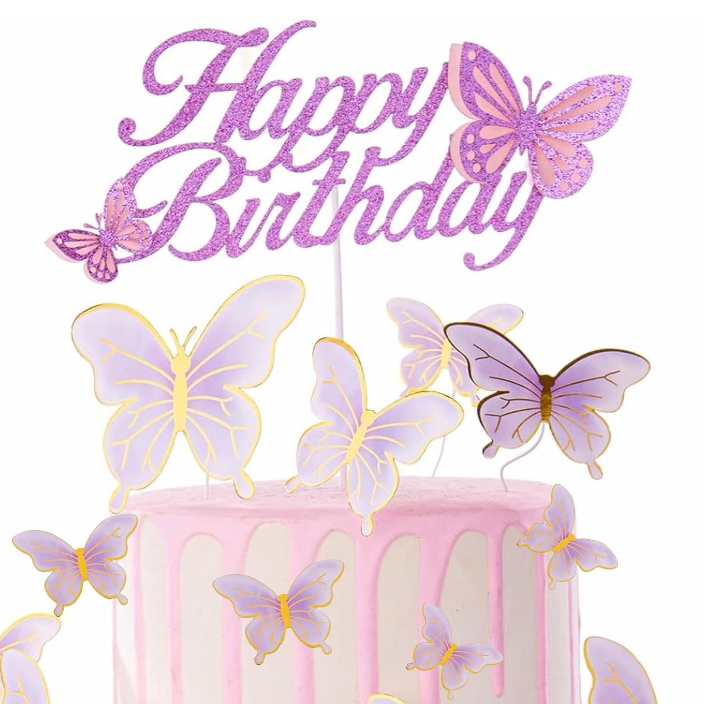 ALISSAR Glitter Purple Happy Birthday Cake Topper Set, Butterfly Cake Topper and 16 Pieces Butterfly Cupcake Toppers for Girls W