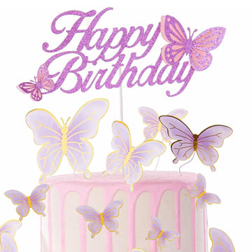 ALISSAR Glitter Purple Happy Birthday Cake Topper Set, Butterfly Cake Topper and 16 Pieces Butterfly Cupcake Toppers for Girls W