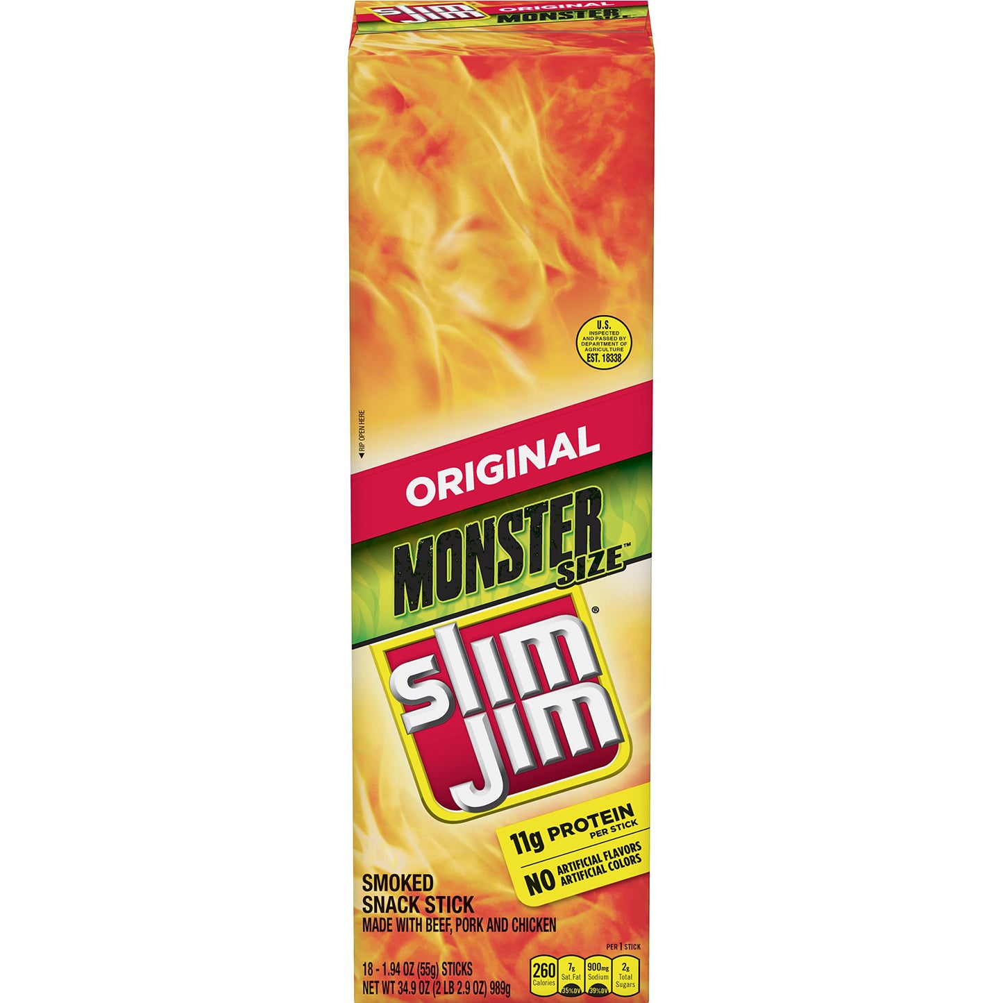 Slim Jim Smoked Meat Sticks, Original Flavor, High Protein, 1.94 oz (18 Count)