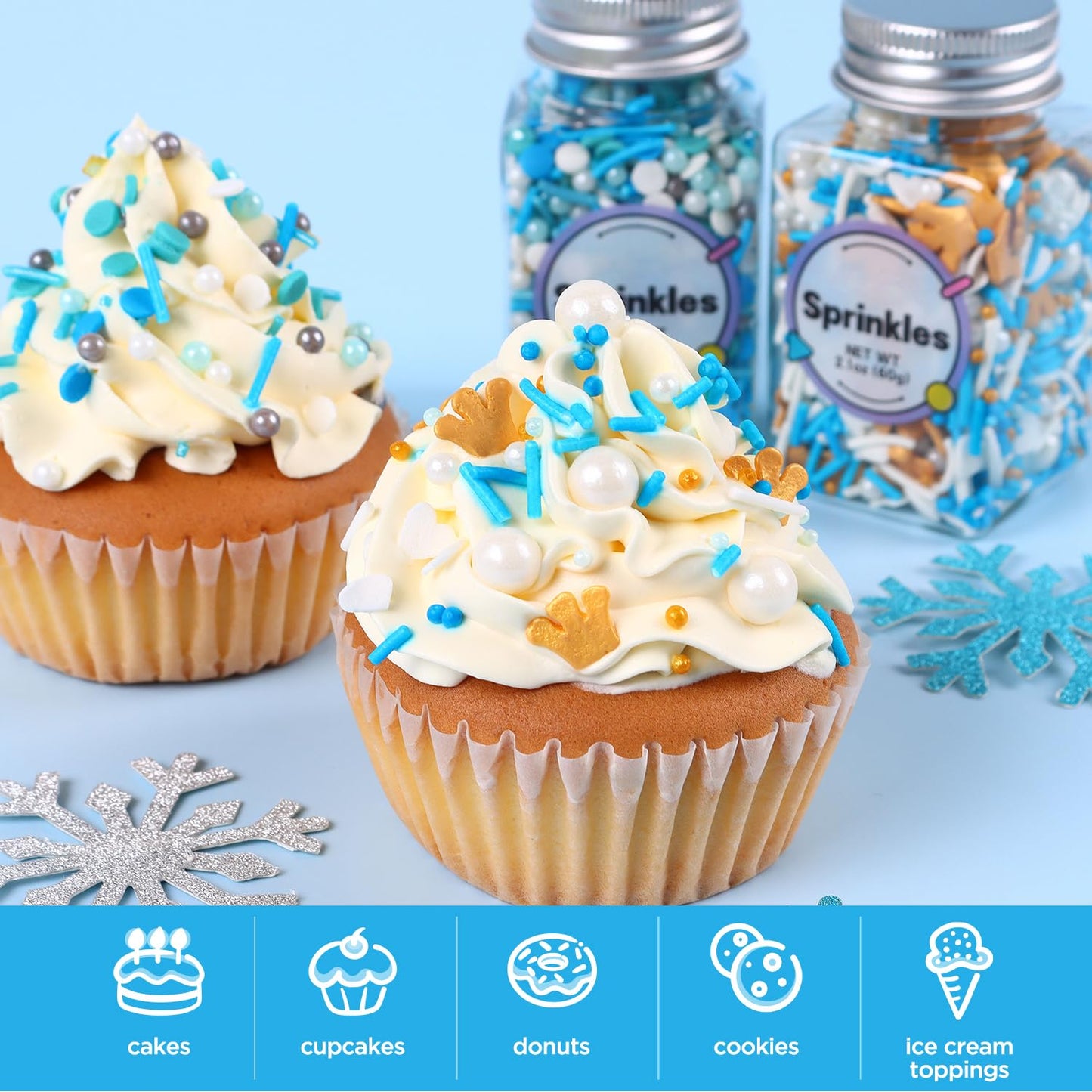 Edible Blue Sprinkles Mix, Blue Confetti Jimmy Sprinkles, Gold Sanding Sugar, Pearl Sprinkles, Gold Crown Sprinkles For Cake Dec