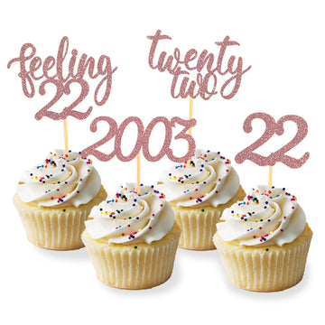 24pcs Feeling 22 Cupcake Toppers, Twenty Two Birthday Cake Decorations, Cheer to 22 Years Old Theme Party Decoration Supplies (R