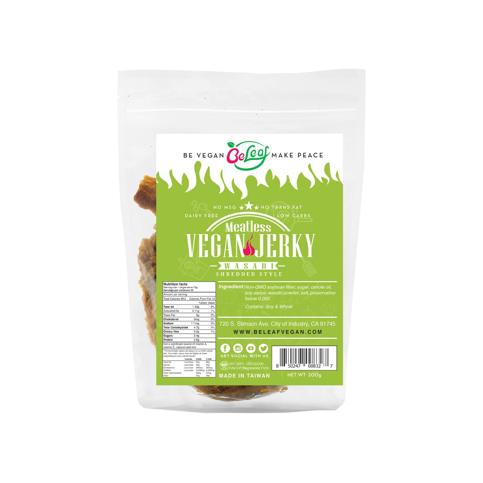 Beleaf Wasabi Vegan Jerky | Wasabi Hot Meat-Like Plant-Based Jerky | Delicious Meat Substitute | Low Carb, Non-Gmo, Dairy Free,