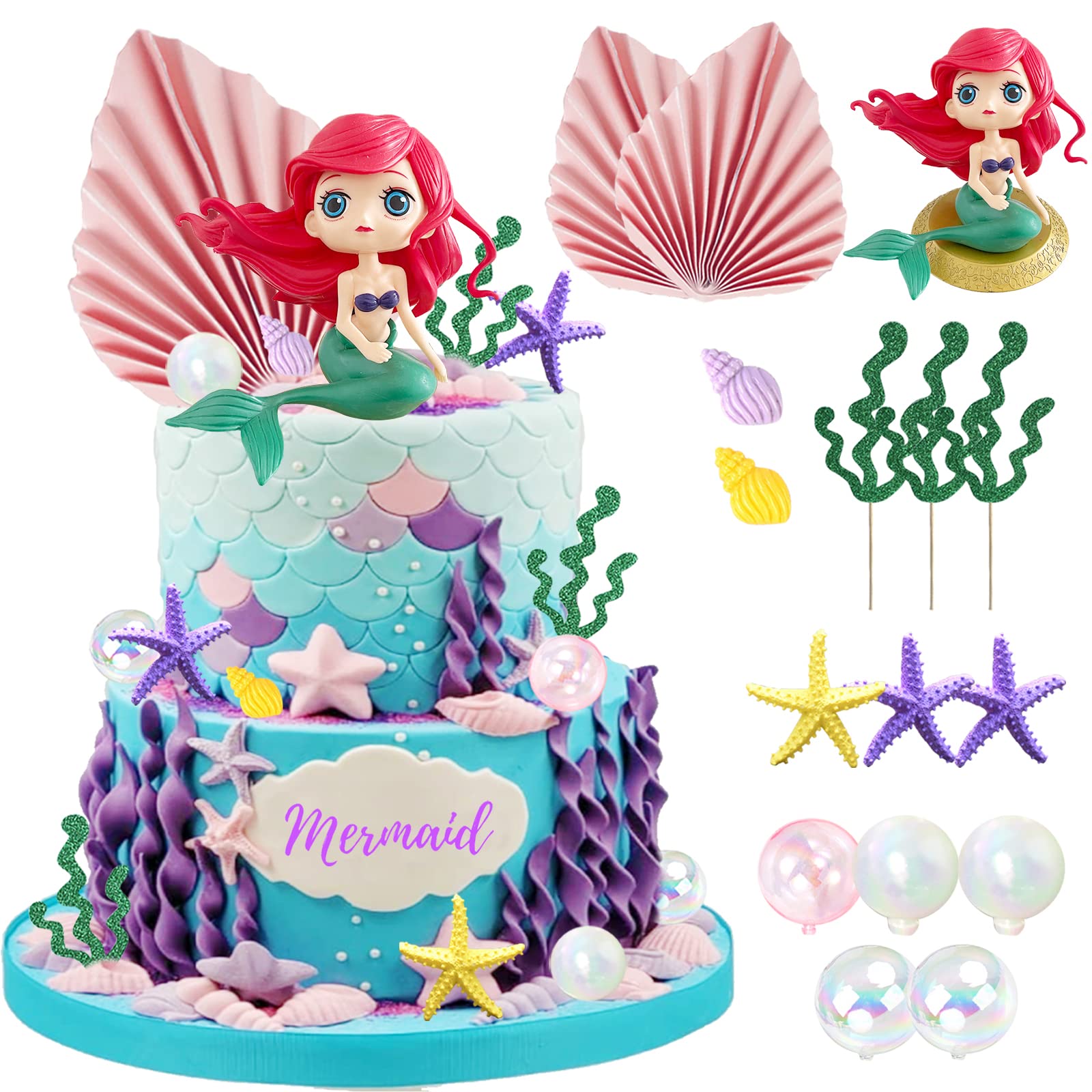 16 Pcs Mermaid Cake Toppers For Mermaid Under The Sea Themed Birthday Wedding Baby Shower Party Decorations Supplies