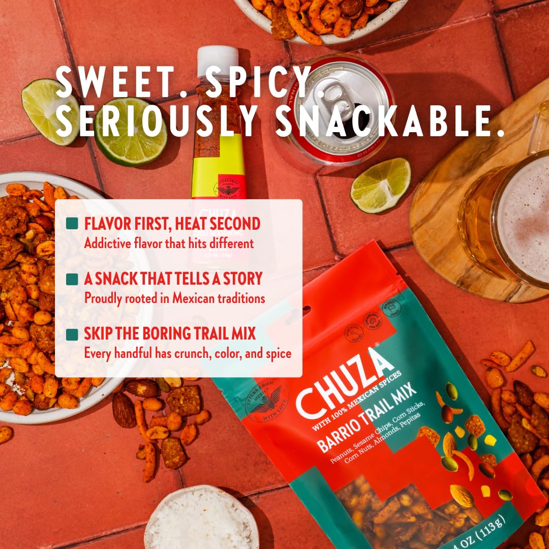 CHUZA Barrio Trail Mix - Spicy Crunchy Snack with 100% Mexican Spices - Peanuts, Corn Nuts, Almonds, Pepitas, Corn Sticks & Sesa