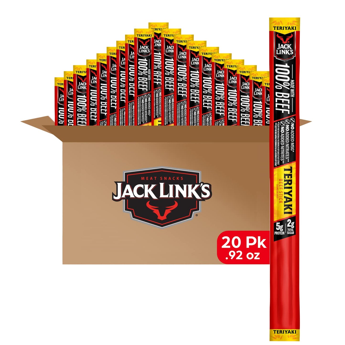 Jack Links Beef Sticks, Teriyaki Flavor, 5g Protein, 0.92 Oz (20 Count), Keto Friendly, Individually Wrapped