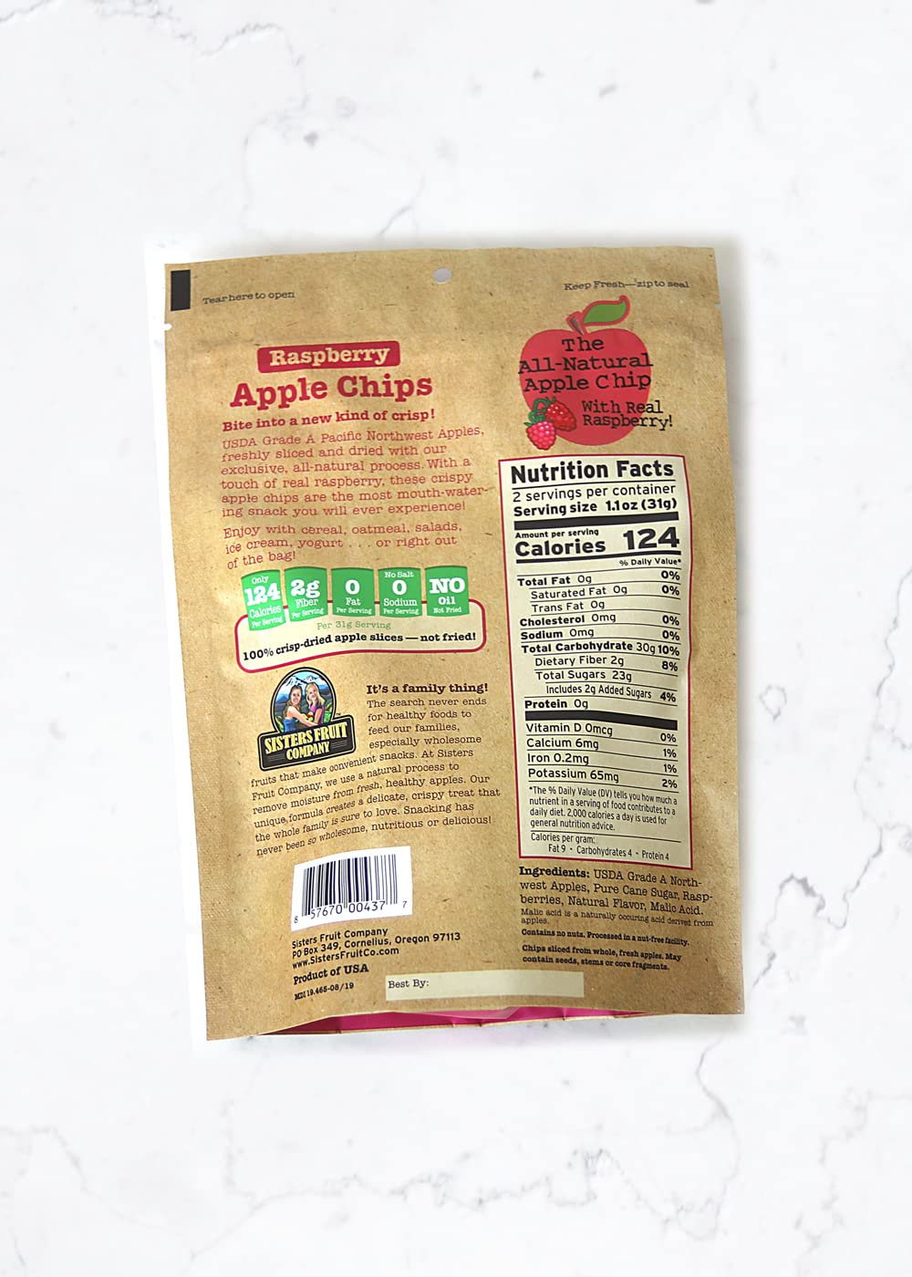 Sisters Fruit Company, Raspberry Apple Chips, All-Natural, No Preservatives, Fat-Free (Contains SIX 2.25 OZ. Bags)