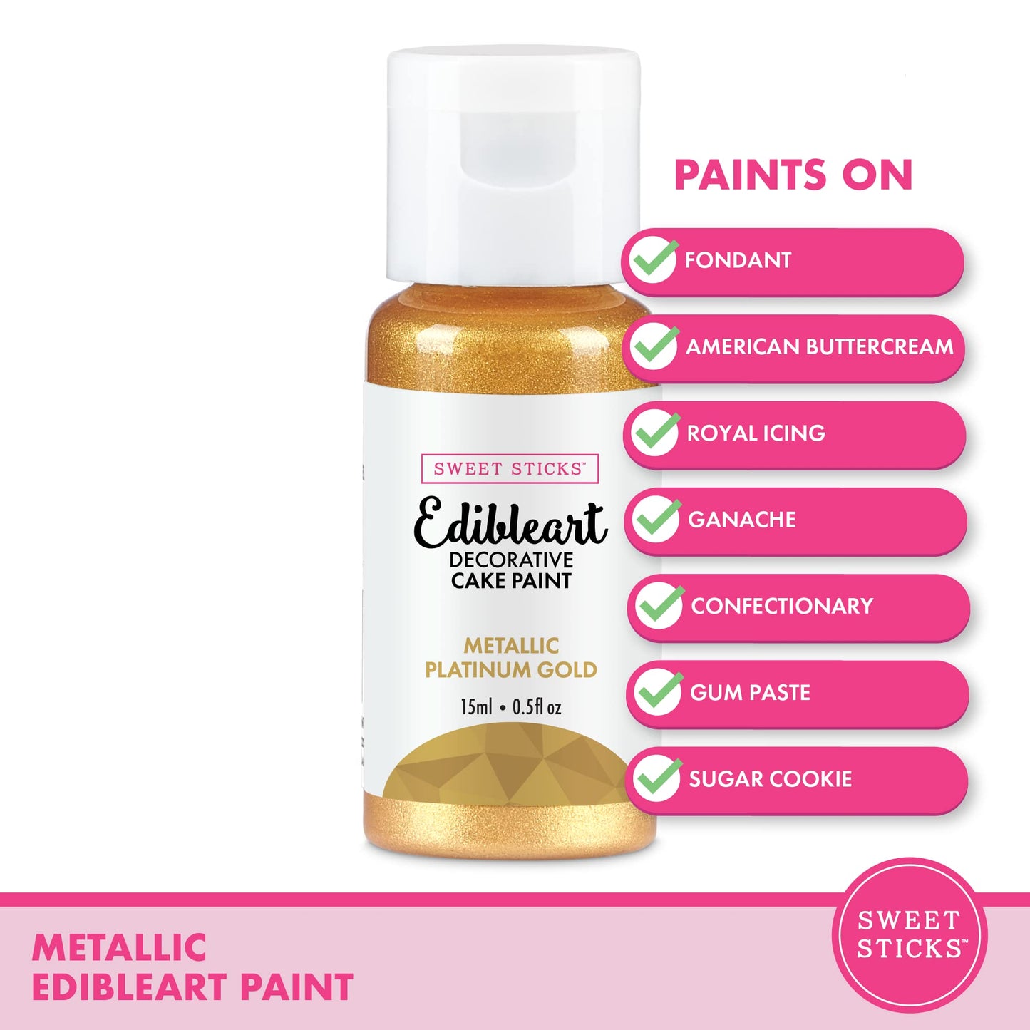 SWEET STICKS Edible Art Cake Paint, Metallic Platinum Gold, 0.5 Fl Oz