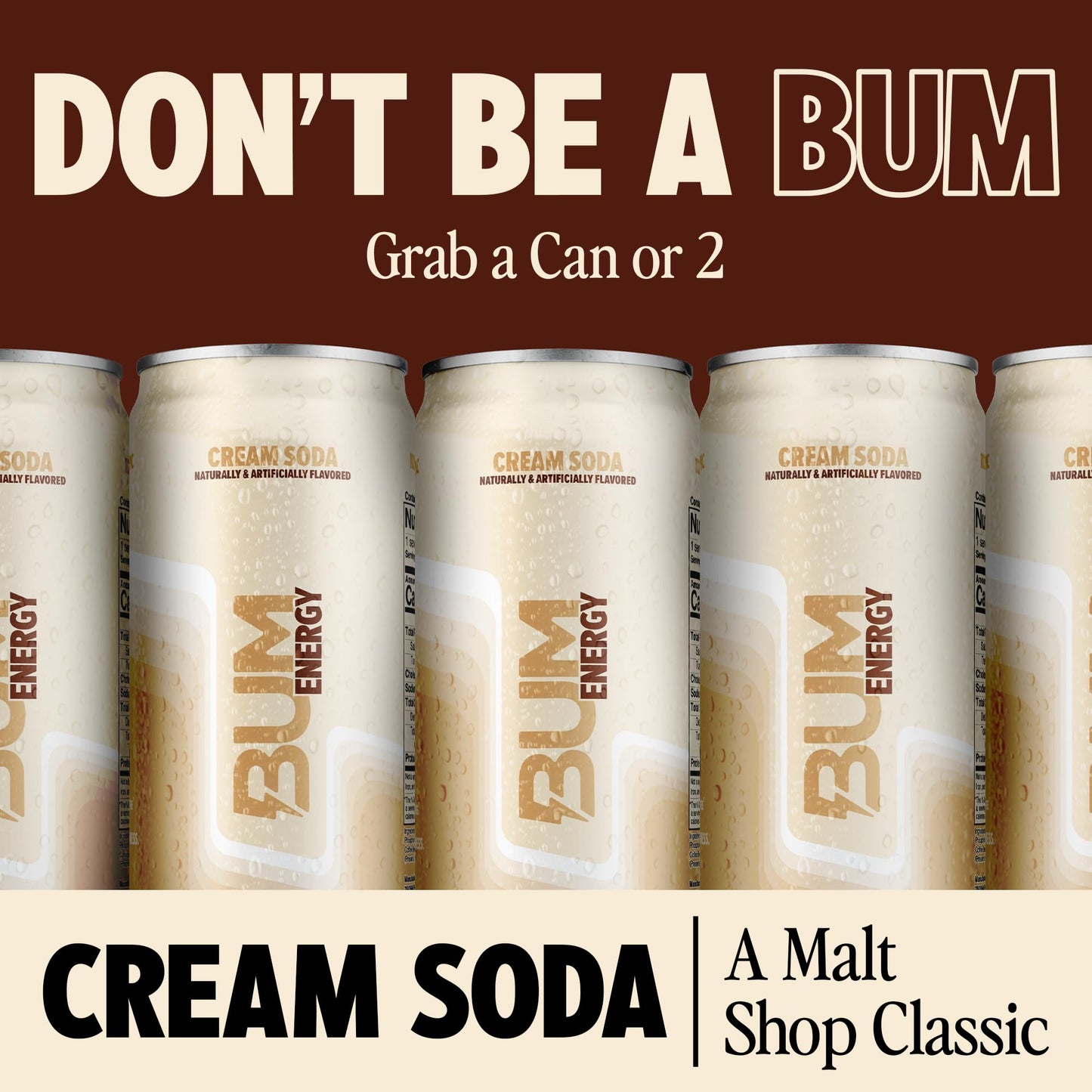 BUM Sugar-Free Energy Drink  Cream Soda - Lightly Carbonated & No Artificial Colors  Natural Caffeine & Citicoline for Energy & Focus  Brain Boost & Workout Sports Beverage - 12 oz  Pack of 12
