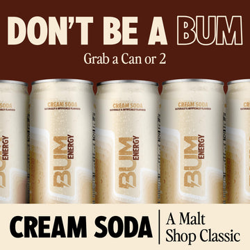 BUM Sugar-Free Energy Drink  Cream Soda - Lightly Carbonated & No Artificial Colors  Natural Caffeine & Citicoline for Energy & Focus  Brain Boost & Workout Sports Beverage - 12 oz  Pack of 12