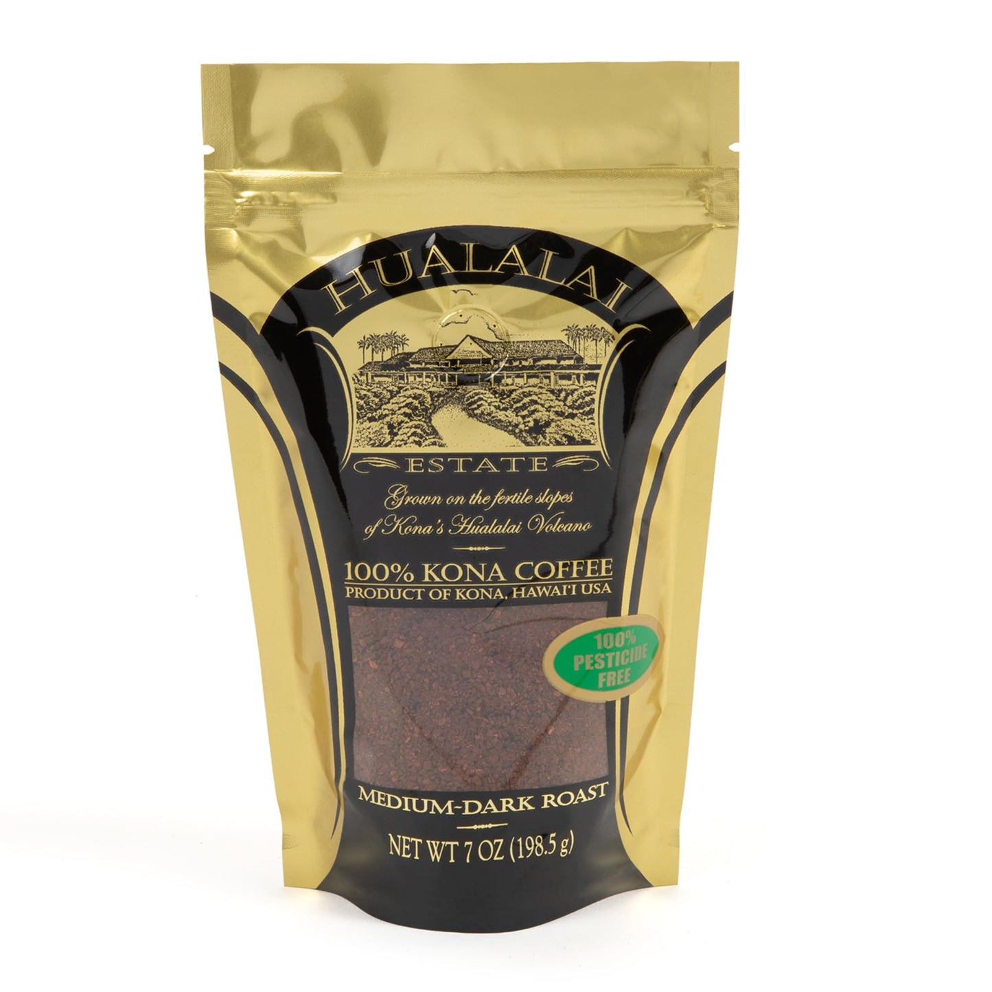 Hualalai Estate 100% Pure Kona Ground Coffee - Medium Dark Roasted Hawaiian Grown Beans - Pesticide-Free Gourmet Grade Top-Grade Coffee (7 Oz)