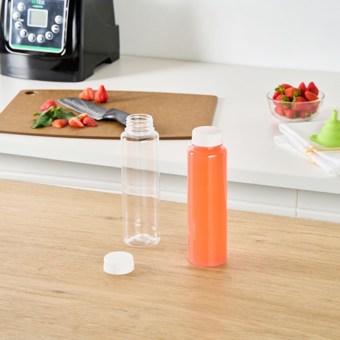 Restaurantware 12 Ounce Clear Plastic Juice Bottles - 100 Recyclable Containers, Safety Cap, Polyethylene Terephthalate, Model RWP0661C