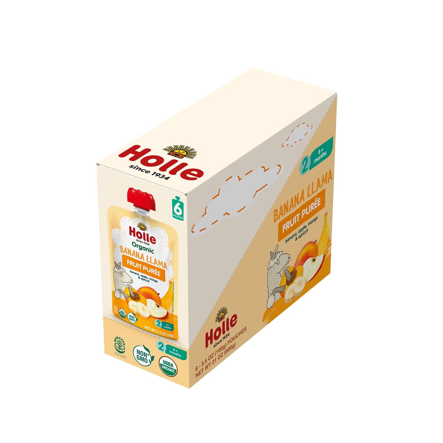 Holle Organic Baby Food Pouches - Banana Llama Baby Puree With Banana, Apple, Mango And Apricot - (6 Pack) Organic Baby Snacks + Fruit And Veggie Pouches For Weaning Babies 6 Months And Older