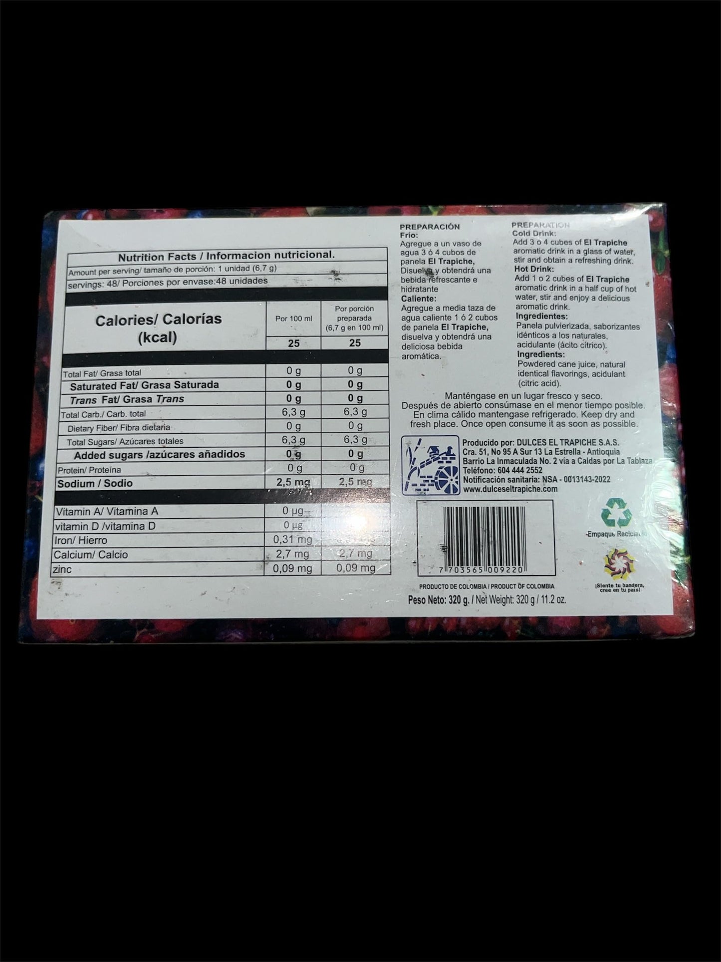 Panela En Cubos Instantánea Saborizada 48 Cubos Peso Neto 320G Para Tomar En Forma De Te, Importada De Colombia (Frutos Rojos)