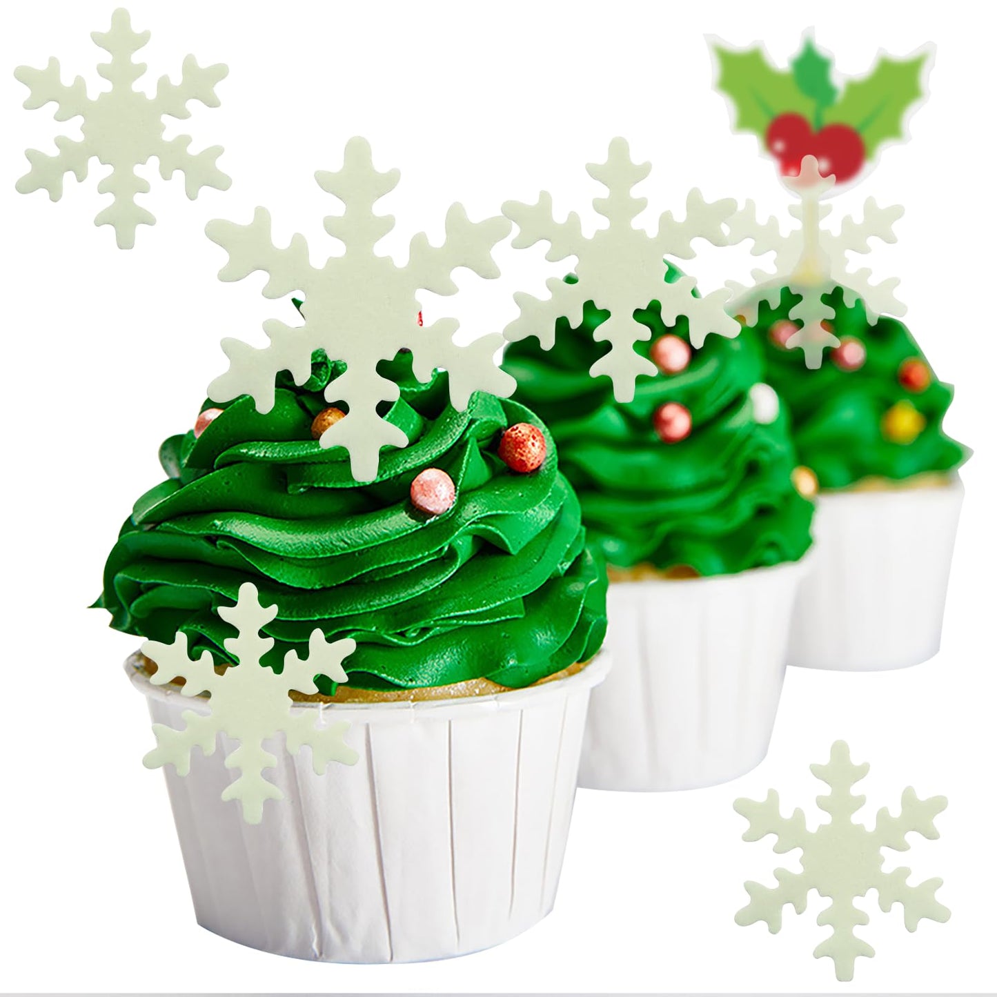 Yocity 50Pcs Edible Snowflakes Cake Cupcake Toppers White Snowflake Cupcakes Decorting For Christmas Winter Frozen Theme Birthday Party Supplies (White)