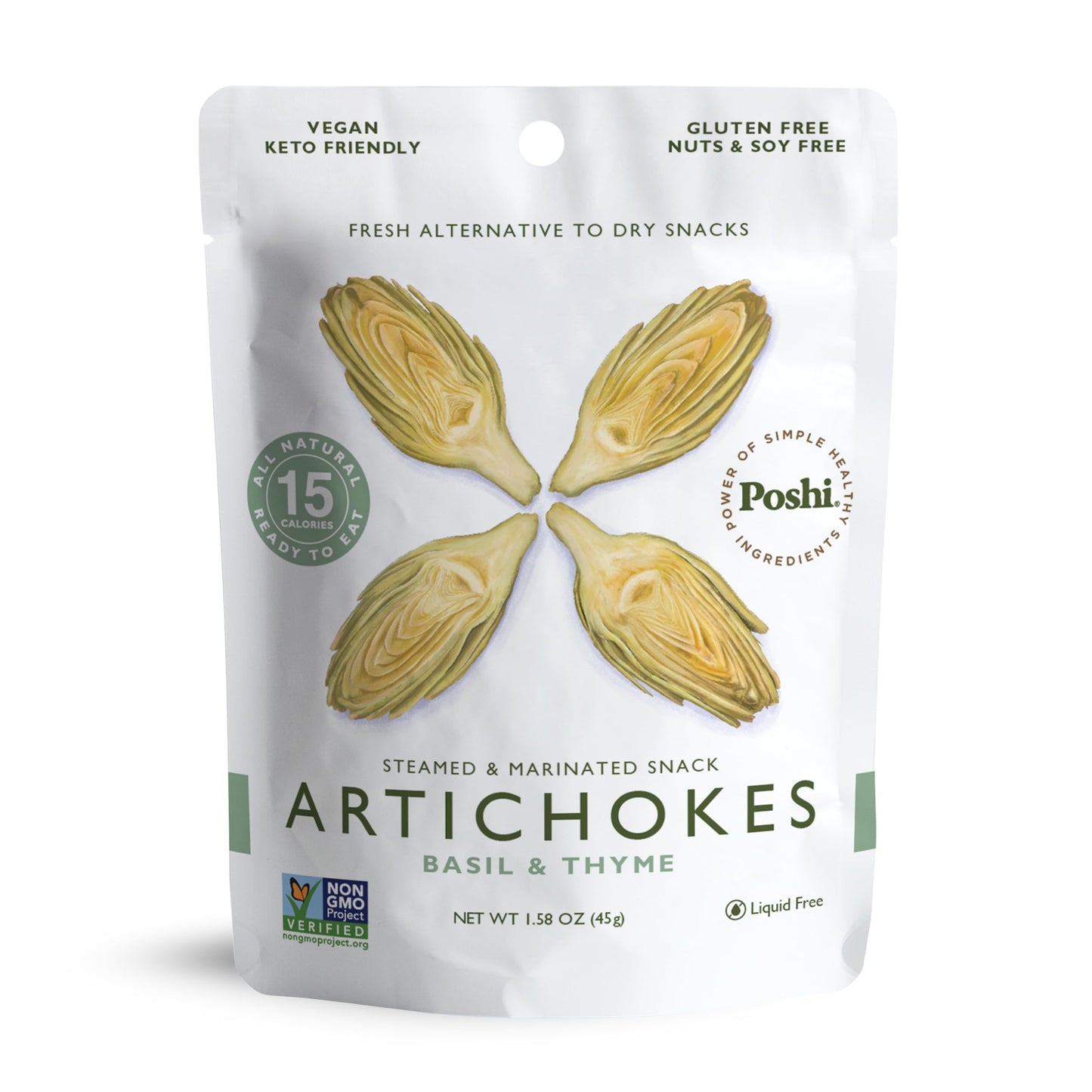 POSHI Artichoke Hearts with Basil and Thyme - Ready-to-Eat Snack Pack - Vegan, Keto, Low Carb, Gluten Free, Non-GMO (10 Pack, 1.