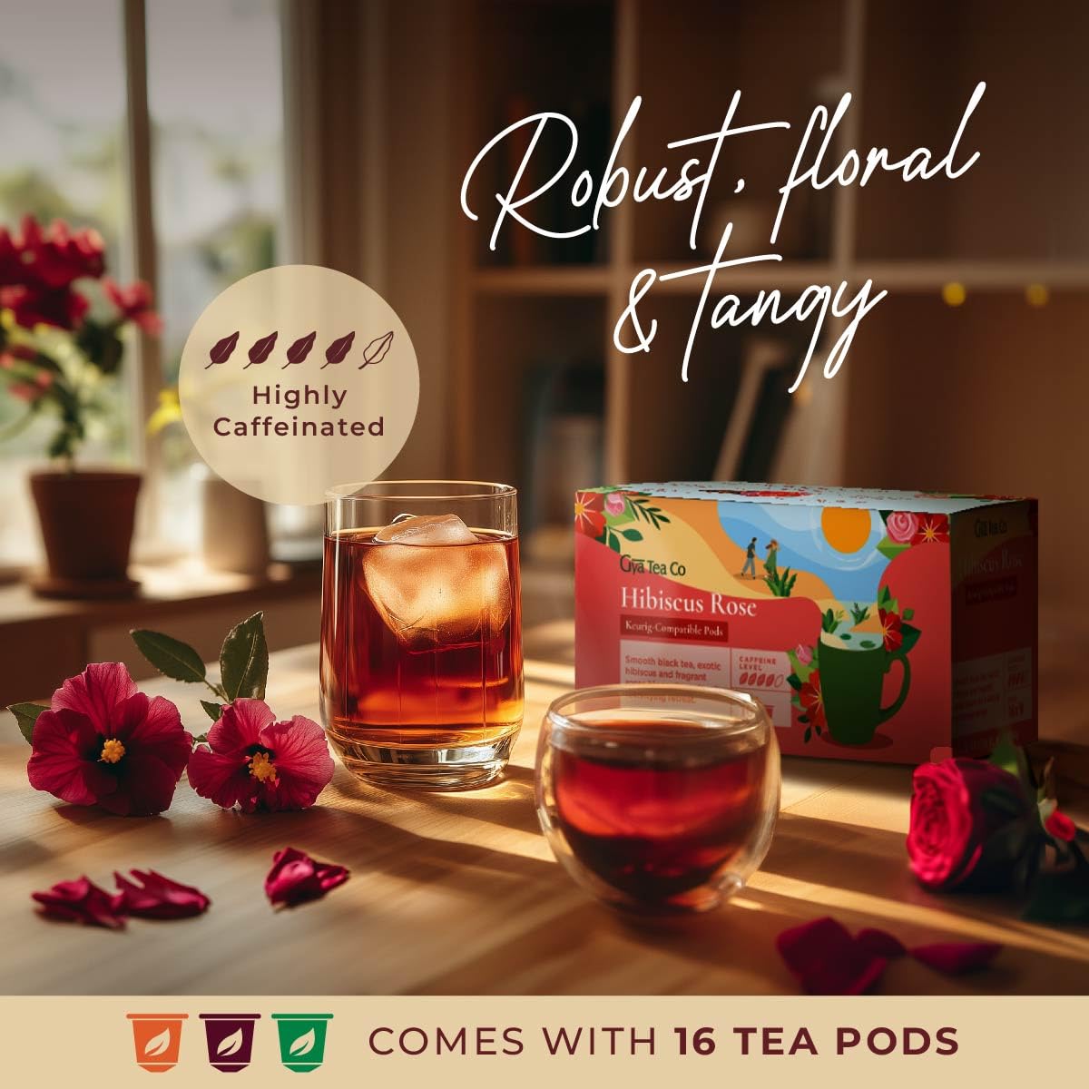Gya Tea Co Hibiscus Rose Black Tea Pods - Caffeinated, Smooth, 16 Count, Enjoy Hot or Iced