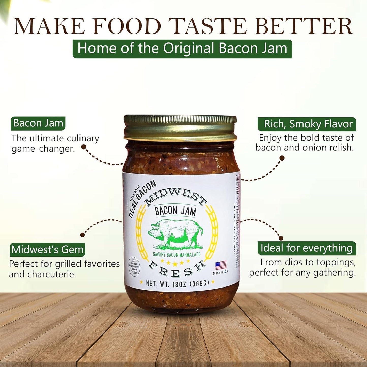 Midwest Fresh Bacon Jam | Gourmet Burger Sauce | Non-GMO, Gluten-Free | 13 oz Single Pack