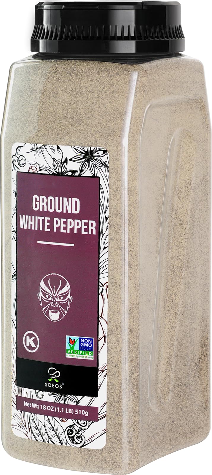 Soeos Fine Ground White Pepper 18oz (510), Non-GMO, Kosher Verified, Freshly Packed to Keep Peppers Fresh, Fine Grain, White Pep