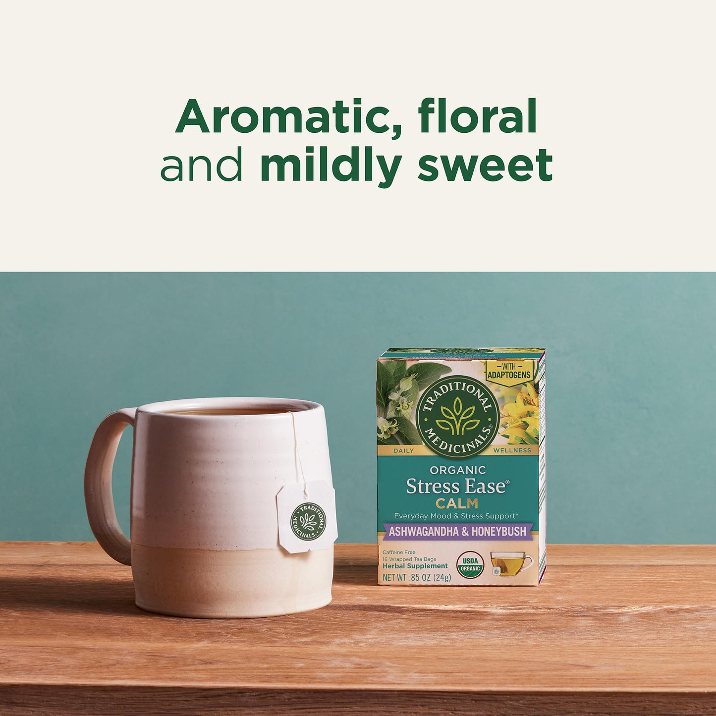 Traditional Medicinals Organic  Stress Ease Calm with Adaptogens  Ashwagandha & Honeybush - Promotes Relaxation - Kosher  Non-GMO  Caffeine-Free  Compostable - 96 Tea Bags (6 Packs of 16)