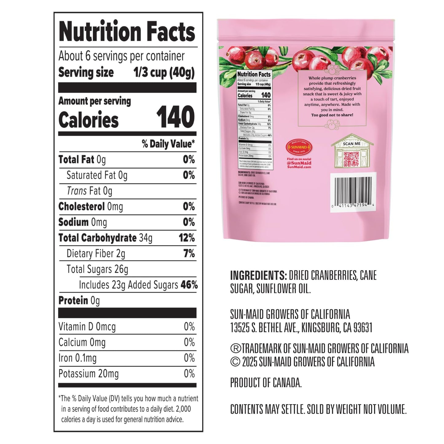 Sun-Maid Farmstand Reserve Whole Dried Cranberries - (4 Pack) 8 oz Resealable Bag - Dried Fruit for Holiday Snacks and Charcuter