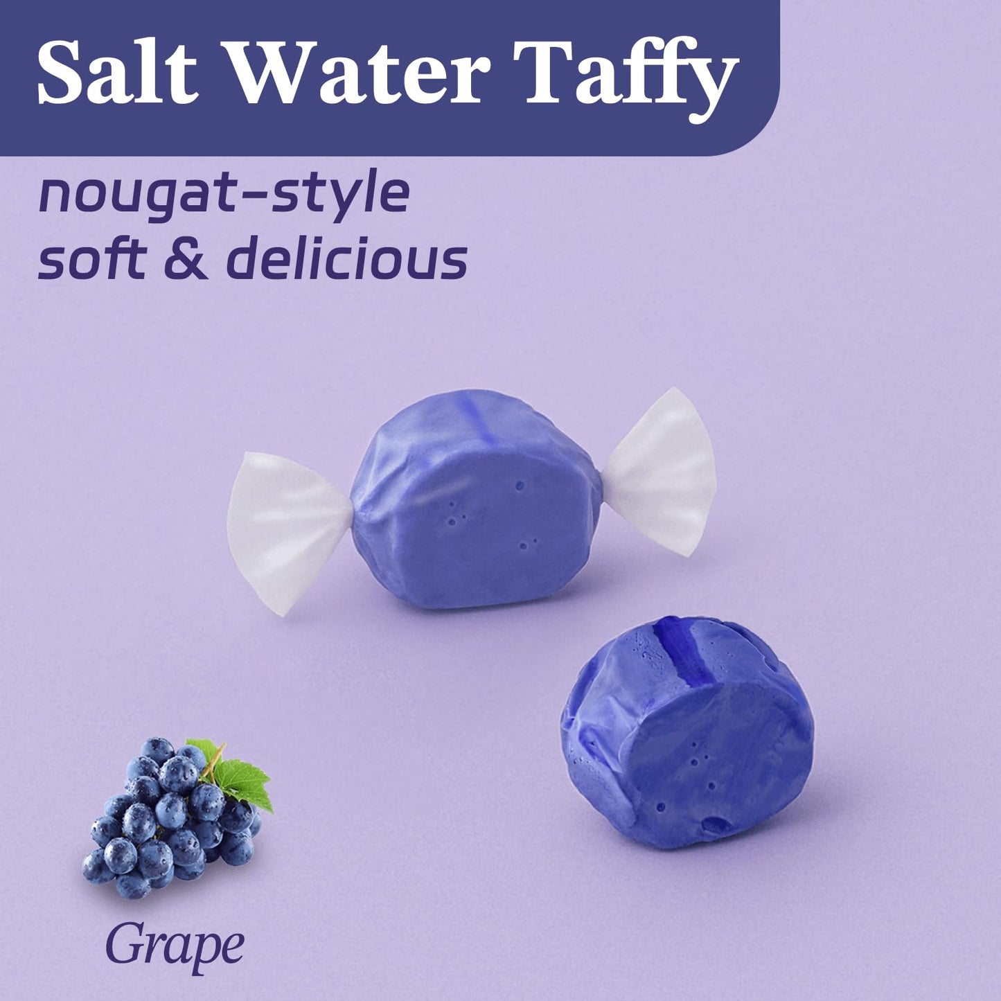 Grape Salt Water Taffy by Snack Attack, Individually Wrapped Bulk 3lb Bag - Chewy Saltwater Taffy Candy, Classic Grape Flavor |