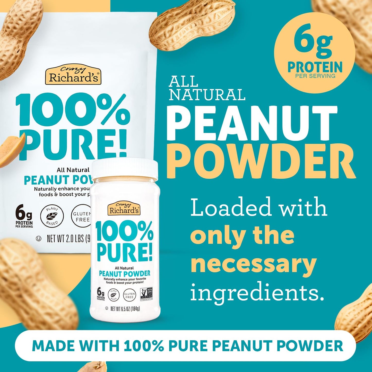 Crazy Richards 100% All-Natural Peanut Butter Powder with No Added Sugar and Non GMO (6.5 Ounces, Pack of 6)