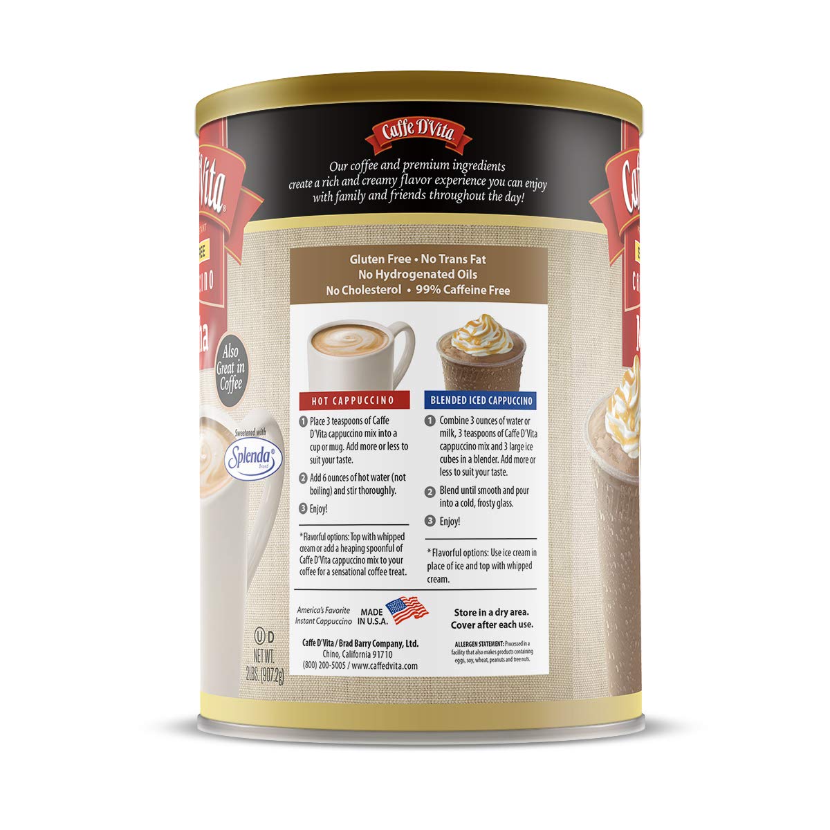 Caffe DVita Sugar Free Mocha Cappuccino Mix, Gluten Free, 32 oz Can