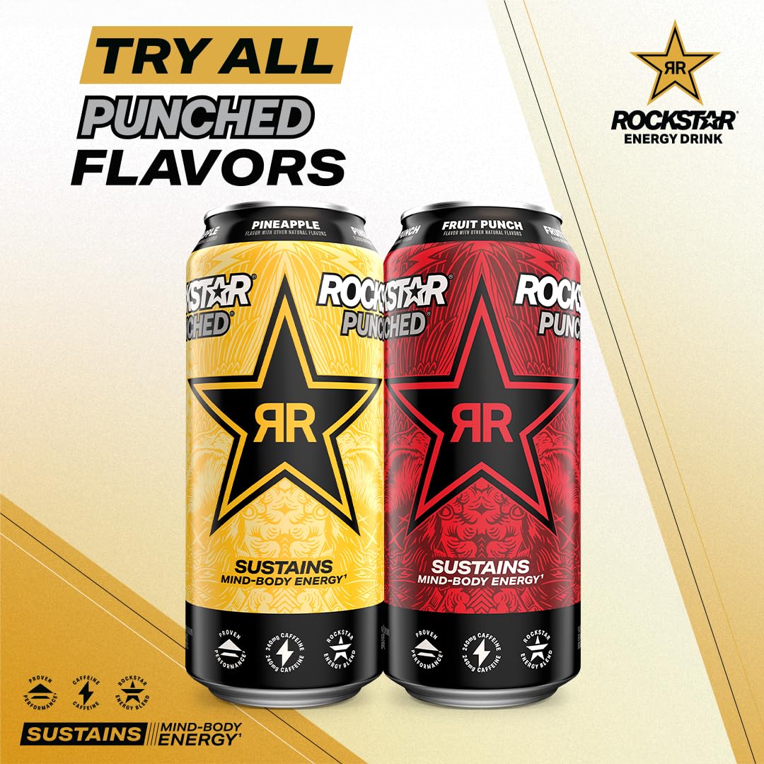 Rockstar Punched Energy Drink, Pineapple, 16 Fl Oz Cans (Pack Of 12)