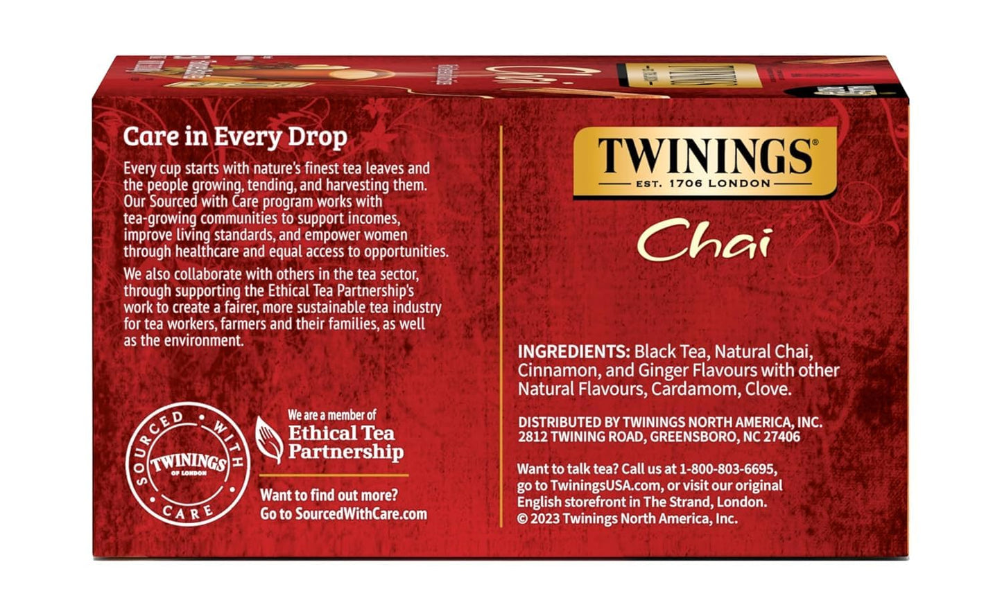 Twinings Chai Black Tea Individually Wrapped Bags, Sweet, Savoury Spices, Caffeinated, Enjoy Hot Or Iced - 50 Count